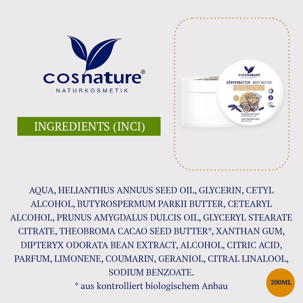 Cosnature Vegan Body Butter with Tonka Bean & Shea Butter - 200ml for Dry Skin, Moisturizing & Nourishing - Perfect for Daily Hydration & Spa Nights