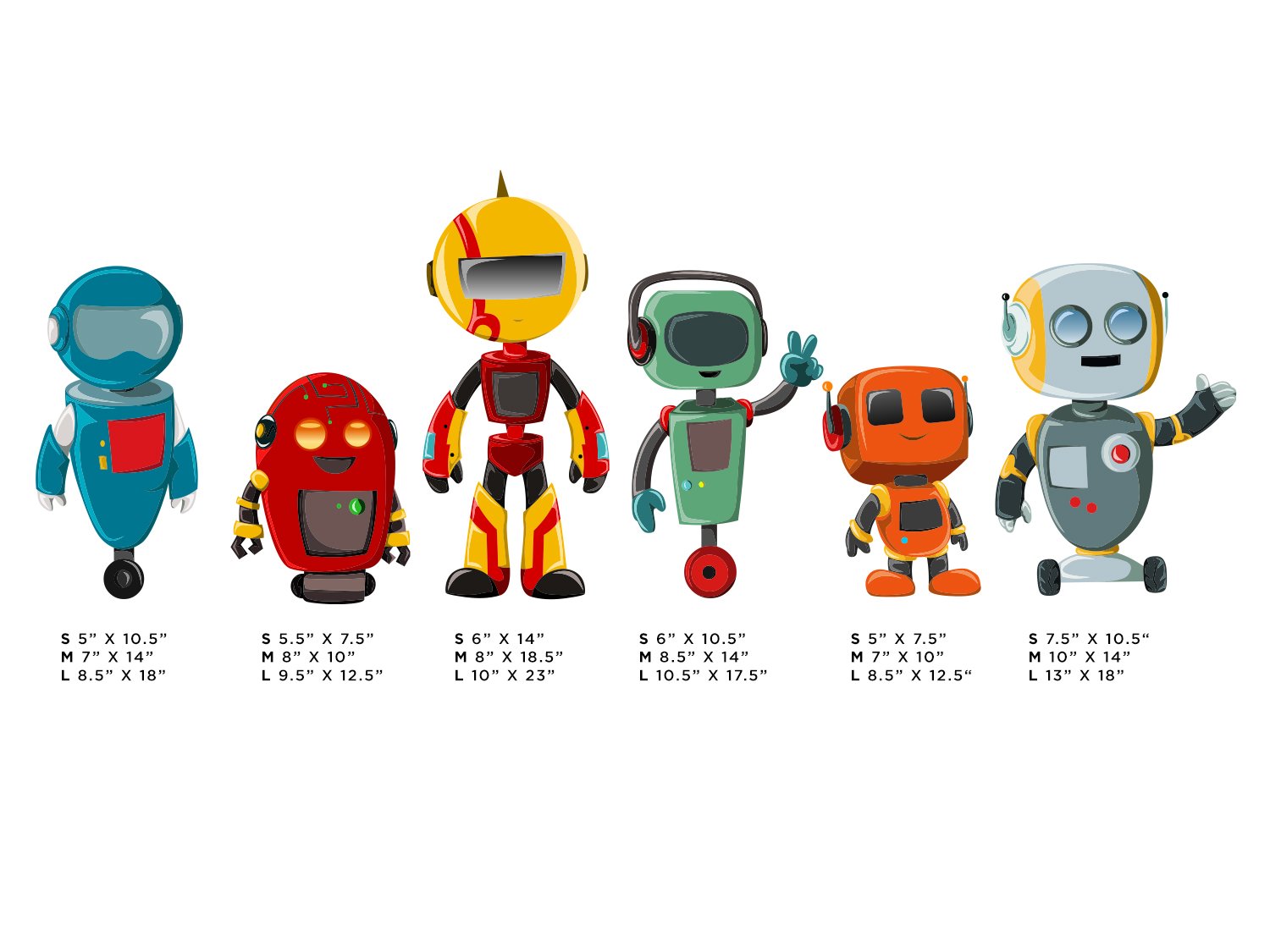 Robot Fabric Wall Decals - Set of 6 Cute Robot Stickers in 3 Sizes | Removable & Reusable Nursery, Kids Room, Office Decor