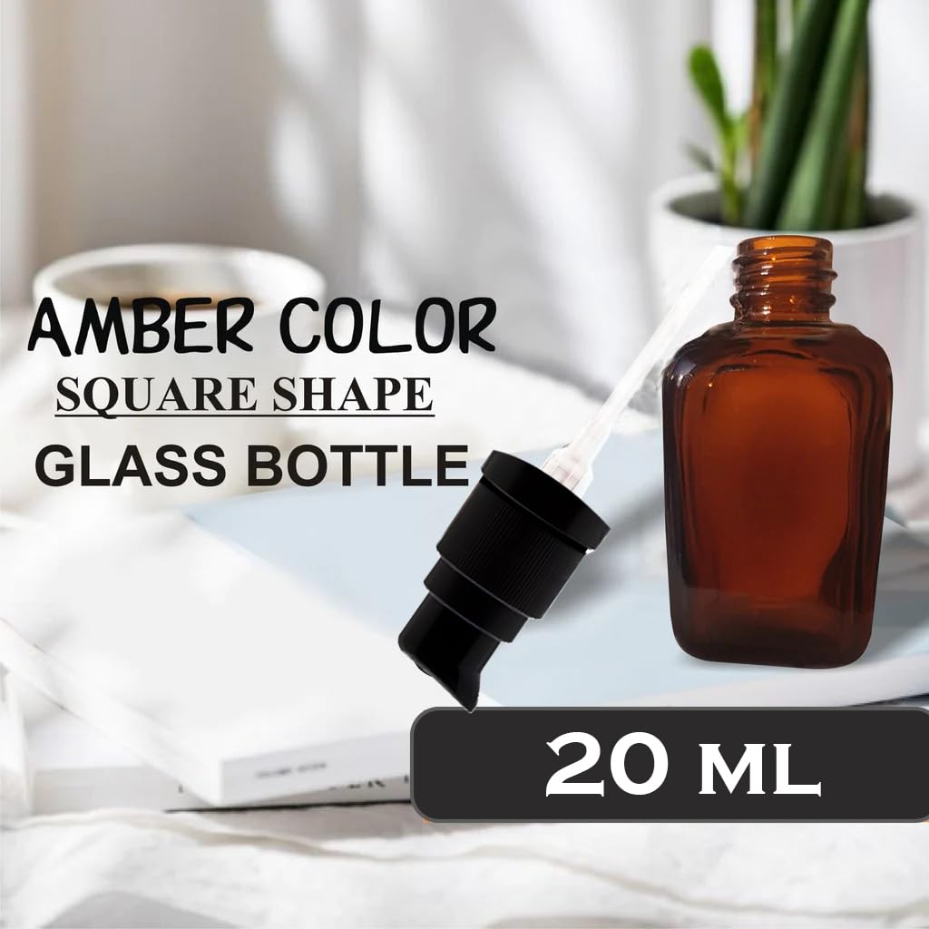 Refillable 20ml Square Amber Glass Bottles (Pack of 5) - Essential Oil Dispenser, Lotion Pump Bottle for Face Cream, Toner & Travel Toiletries | Leak-Proof, Eco-Friendly Containers for Skincare & Beauty Products