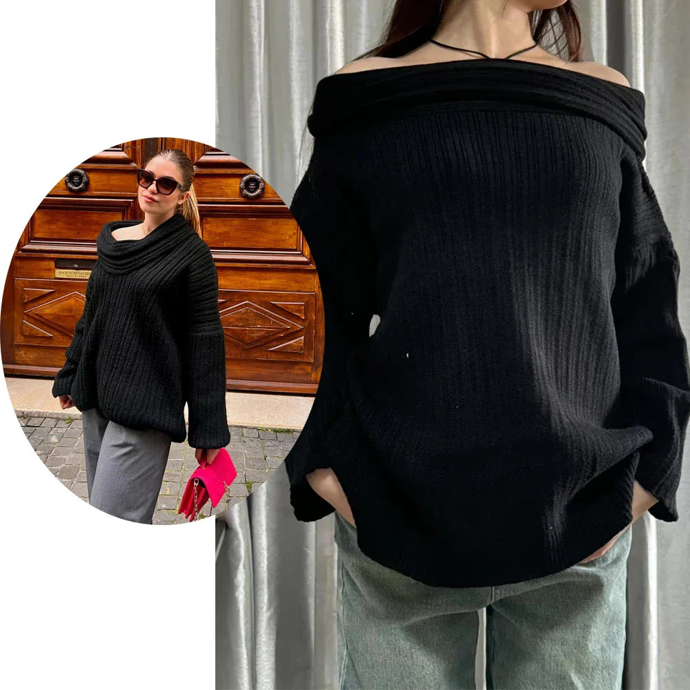 2024 Women's Oversized Autumn Sweater - Sexy Slash Neck Knit Pullover, Long Sleeve Loose Fit Casual Knitwear | Perfect for Fall Layering, Coffee Dates & Cozy Evenings