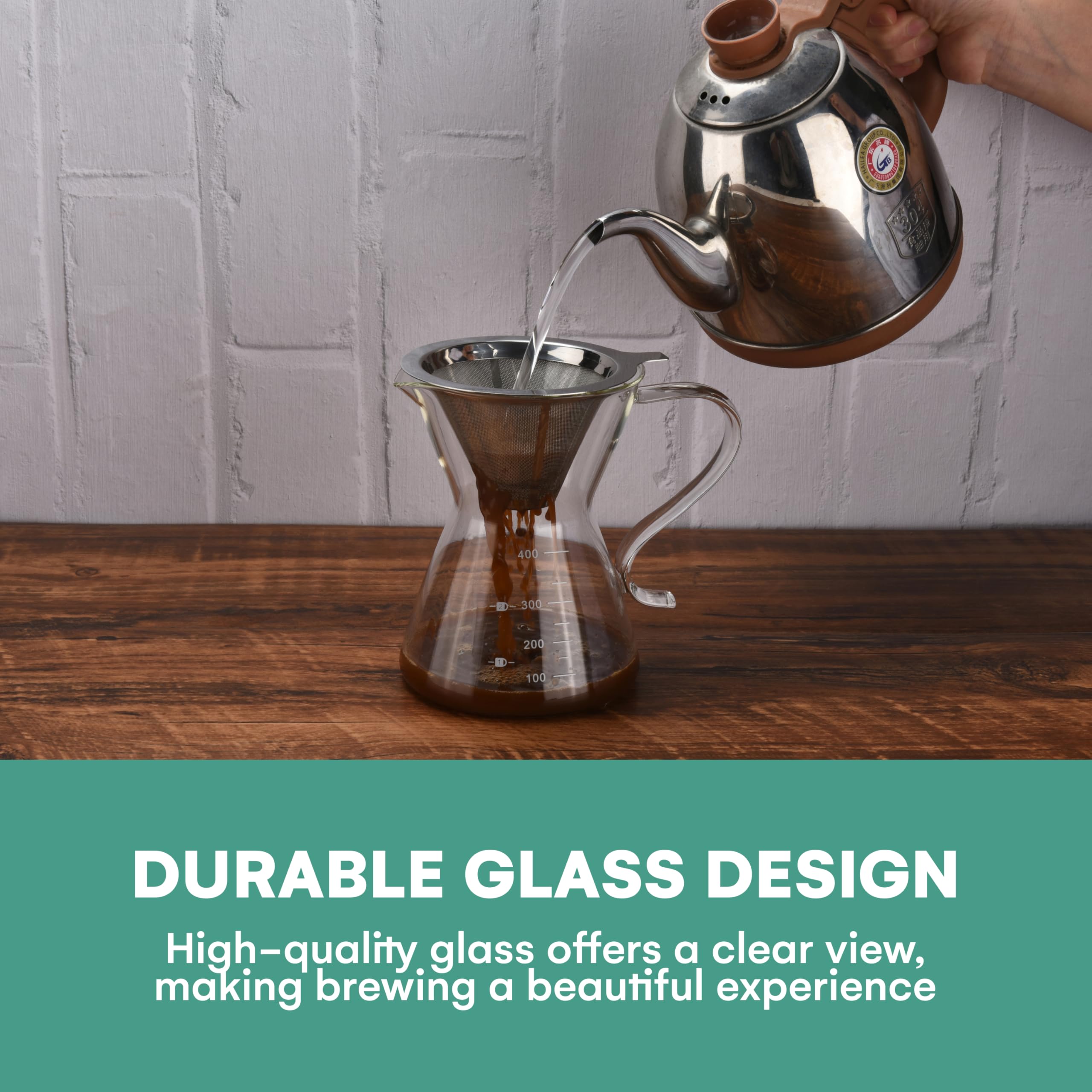 Premium Transparent Glass Pour Over Coffee Maker Set - 400ml Gooseneck Kettle with Precise Spout - Ideal for Home Brewing, Cafe & Office Use - Perfect for Specialty Coffee Lovers & Baristas - Portable Drip Coffee Brewer for Pour-Over, French Press & Cold Brew Methods