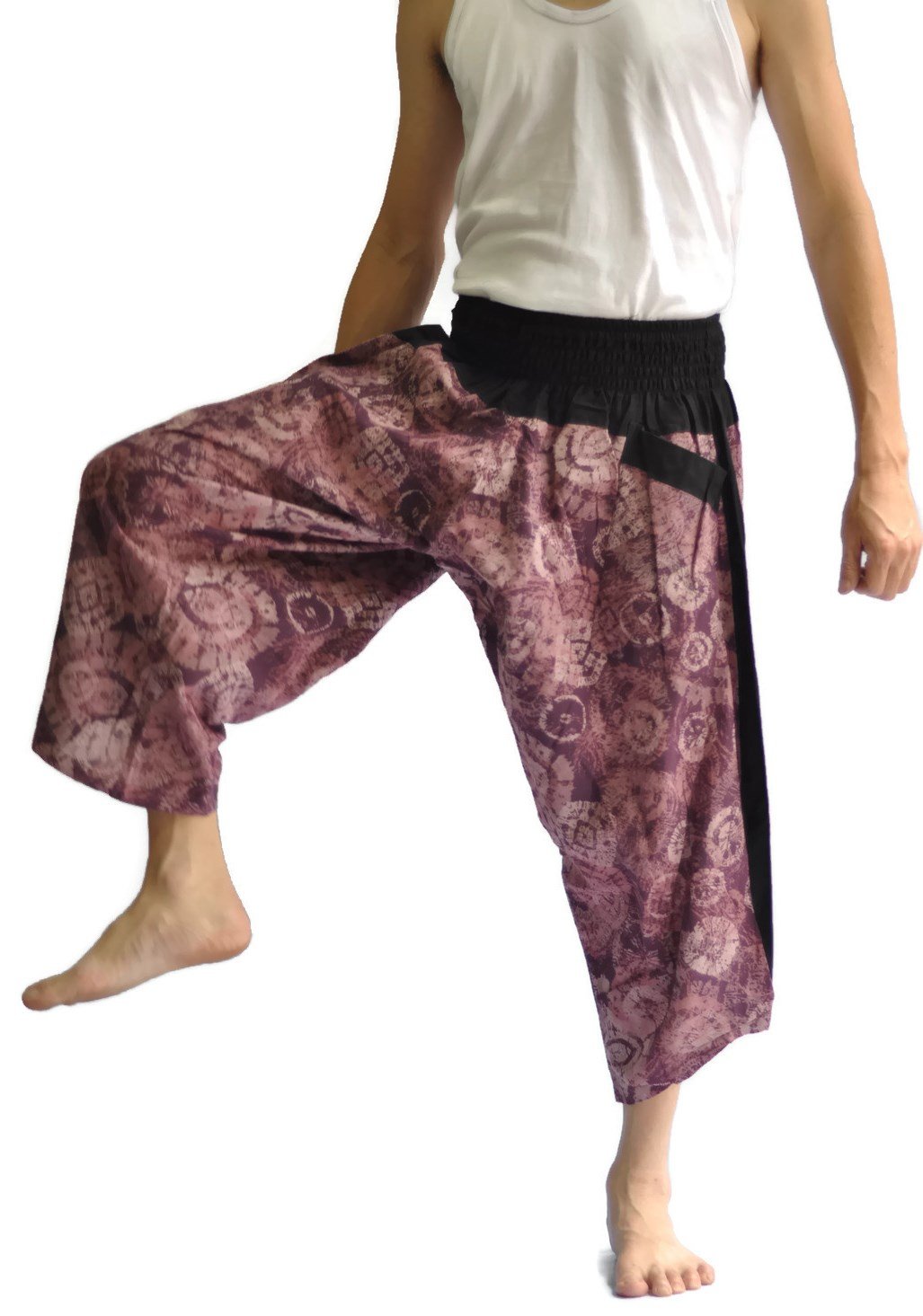 Thai Fisherman Pants - Black & Violet Floral Design, Comfortable Cotton Harem Pants for Yoga, Meditation, Beach & Boho Fashion