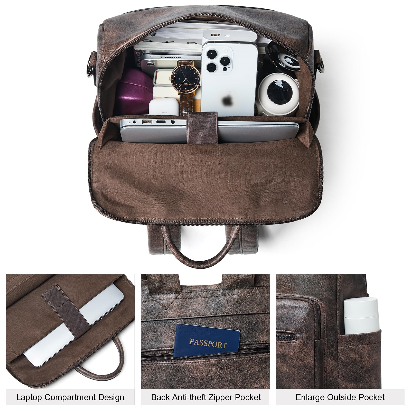 Shrrie 15.6 Inch Leather Laptop Backpack for Women - Large Water Resistant Travel Backpack Purse, Stylish Two-Toned Coffee Design for College, Work, and Everyday Use