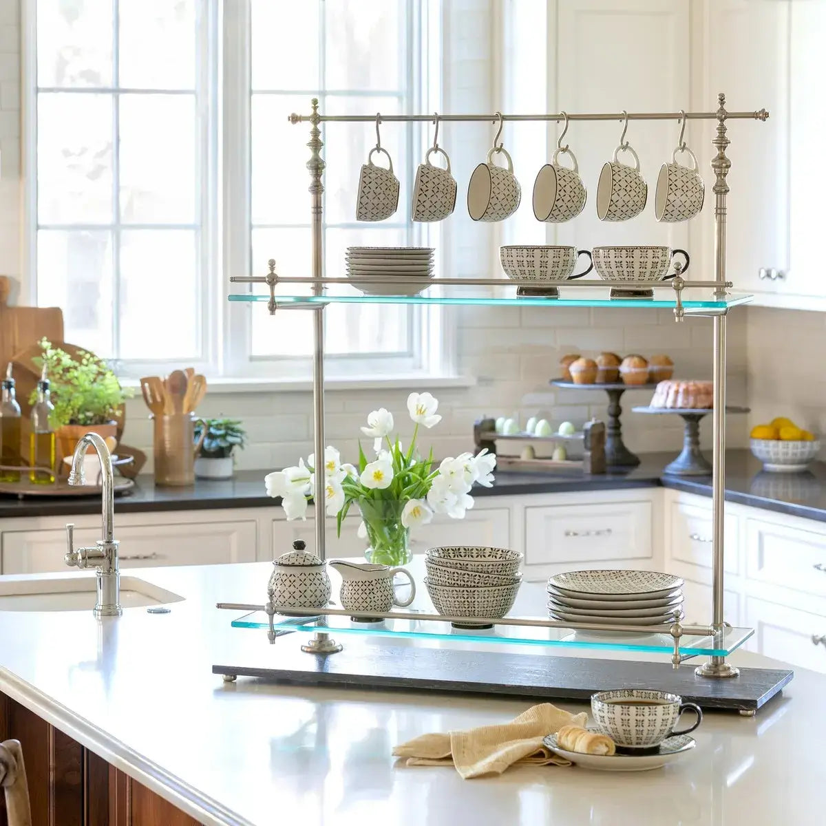 Black Marble & Iron Bistro Rack - Stylish Kitchen Storage Shelf for Wine Bottles, Spices, and Decor | Perfect for Restaurants, Bars, and Home Kitchens