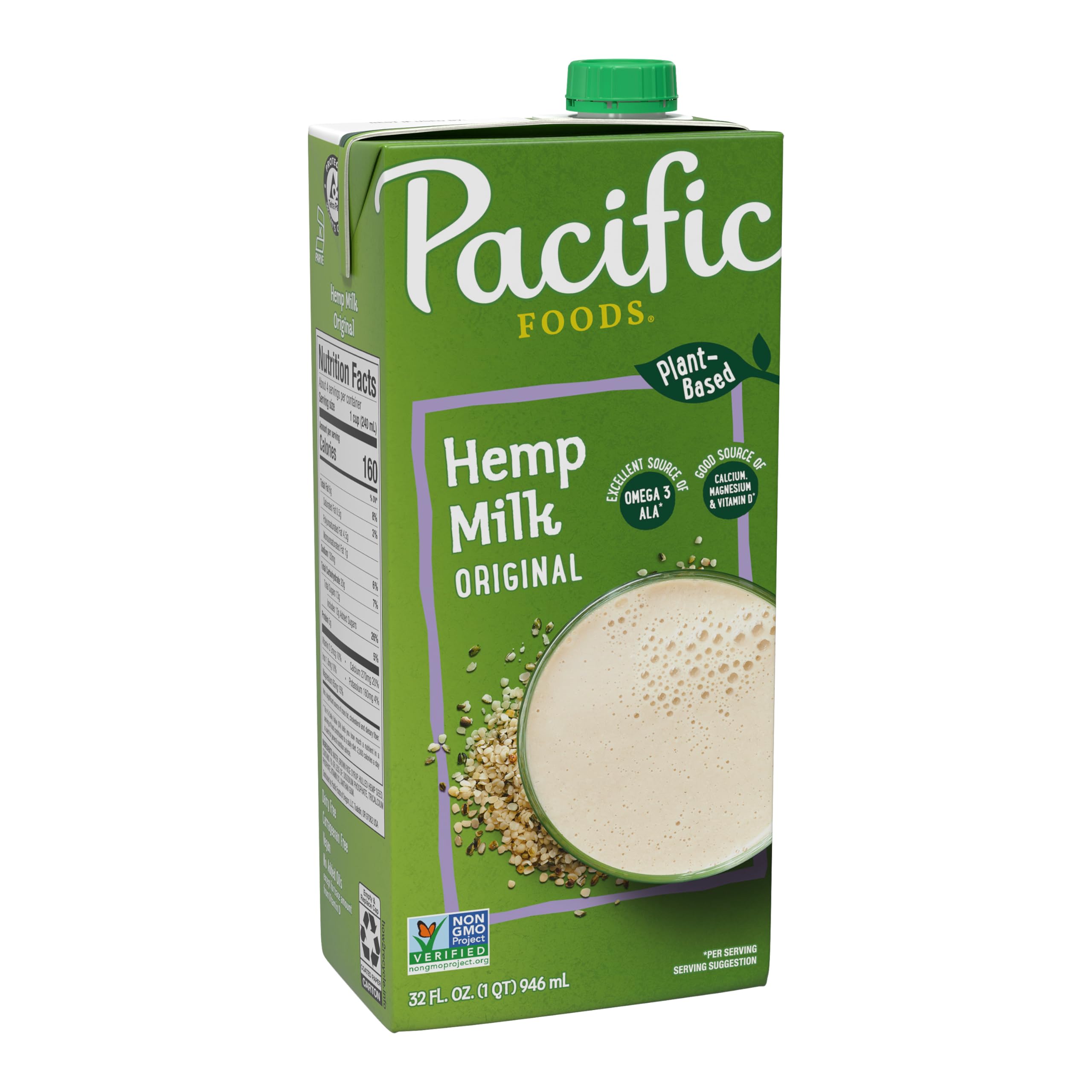 Pacific Foods Original Hemp Milk - Dairy-Free Plant Based Milk Alternative, 32 oz Carton | Vegan, Gluten-Free, Non-GMO | Perfect for Smoothies, Coffee & Baking