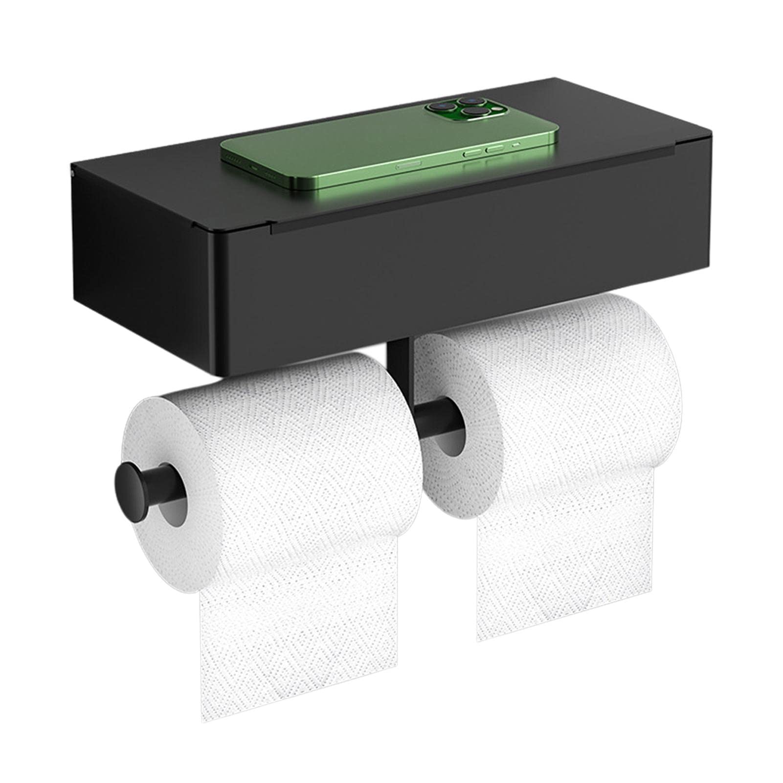 Stainless Steel Toilet Paper Holder - No Drill Double Roll Bathroom Tissue Dispenser with Storage Shelf | Black Modern Toilet Roll Organizer for Bathroom & Kitchen | Includes Adhesive Stickers & Screws for Easy Installation | Perfect for Small Spaces, Apartments & RVs