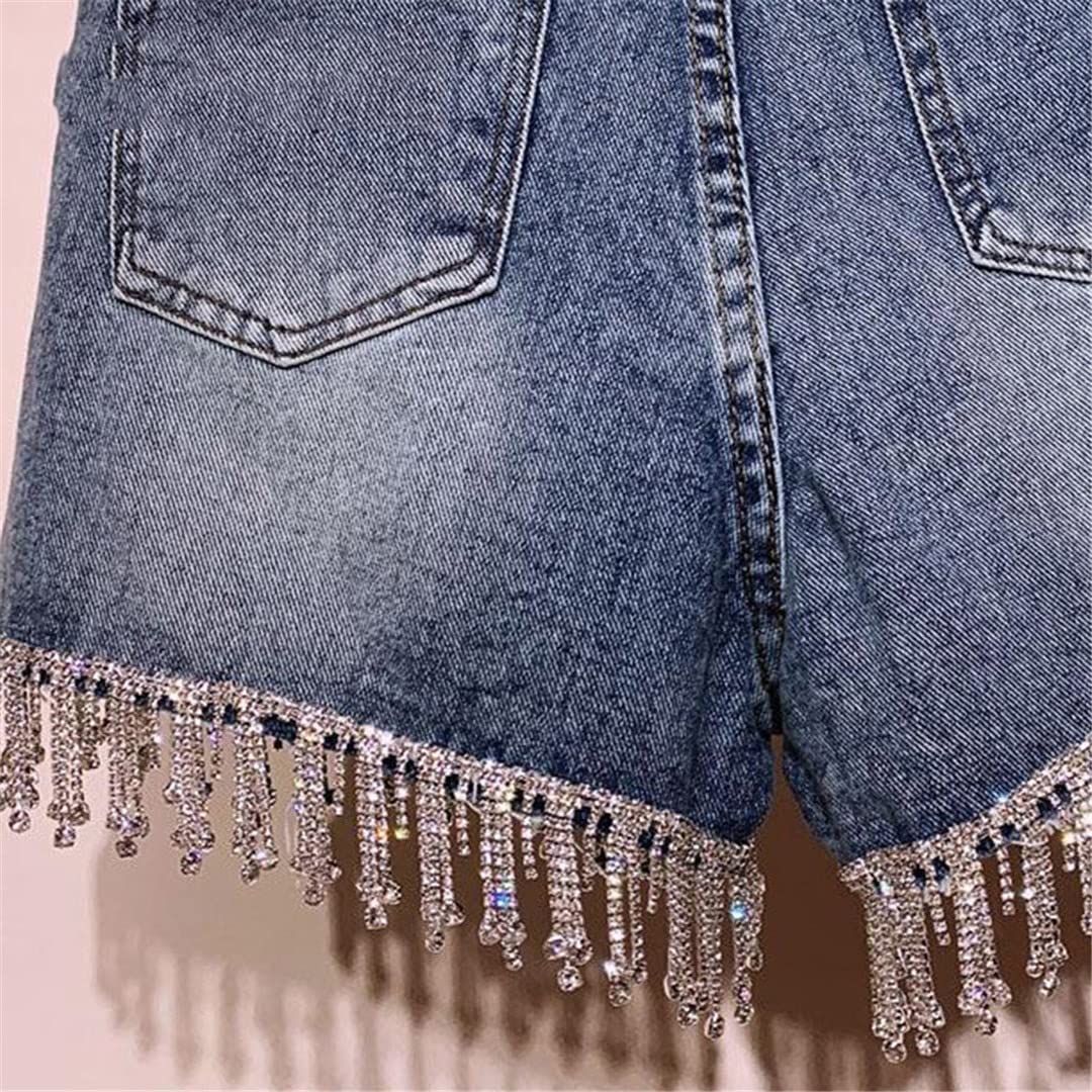 Women's Rhinestone Tassel Denim Shorts - High Waist Wide Leg Distressed Jean Shorts with Patchwork & Studded Details | Perfect for Streetwear, Summer Outfits & Music Festivals