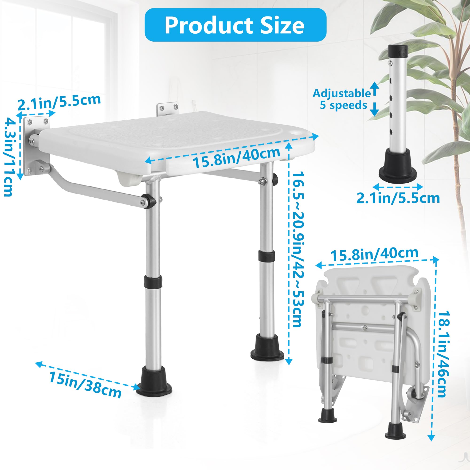 BQKOZFIN Adjustable Height Wall Mounted Folding Shower Seat - Foldable Shower Chair for Elderly & Disabled - Space Saving Bathroom Stool for Small Showers, Bathtubs & Tight Spaces - Ideal for Seniors Safety & Compact Bathroom Storage