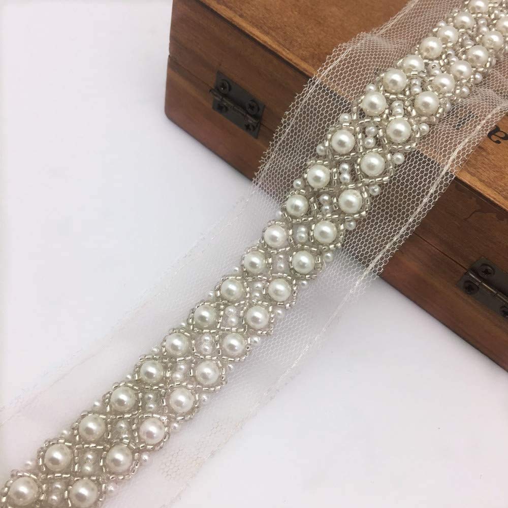 Vintage Ivory Pearl Bead Lace Trim Ribbon - 1 Yard x 5 cm Wide Embroidered Fabric Edging for Wedding Dresses, Bridal Gowns & Party Decor | DIY Sewing, Crafting & Costume Embellishment