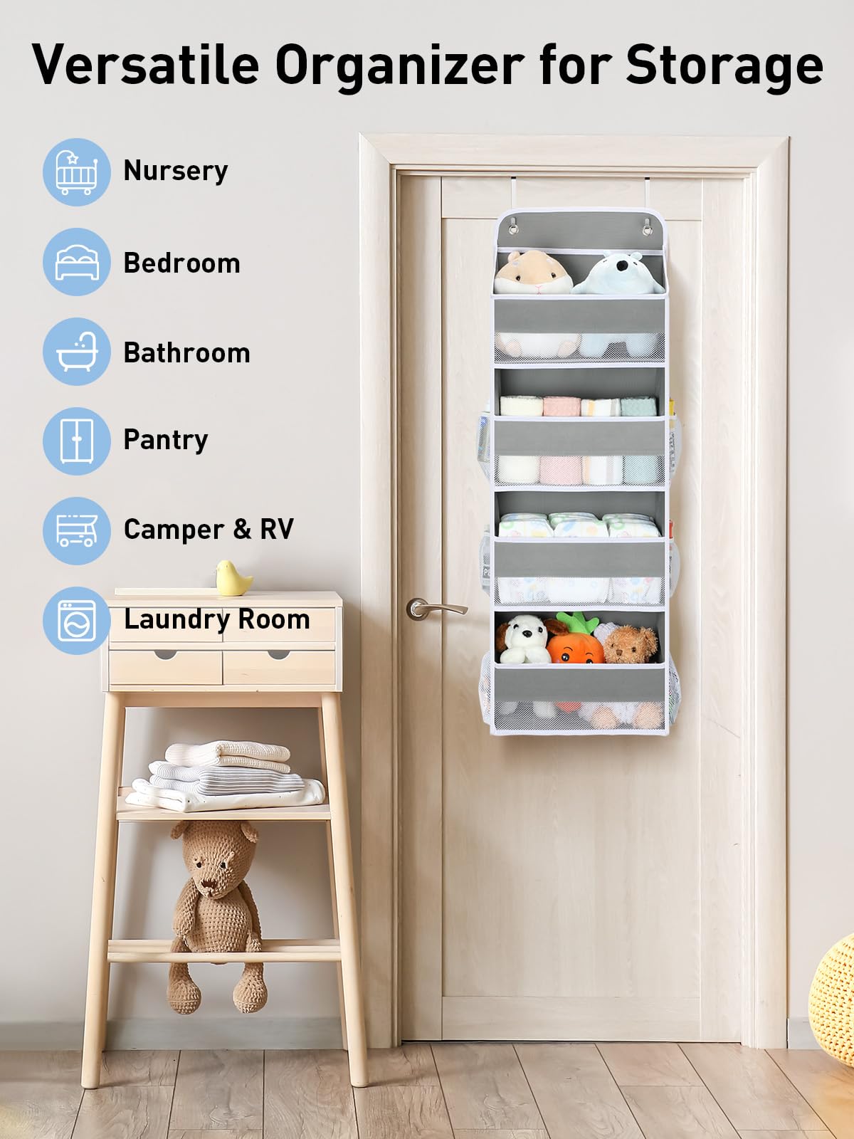 Yecaye 1 Pack Heavy Duty Over The Door Organizer - 35.2lbs Capacity Bathroom & Nursery Storage Solution for Toys, Stuffed Animals & Baby Essentials | Swing-Proof Hanging Design for Home Organization