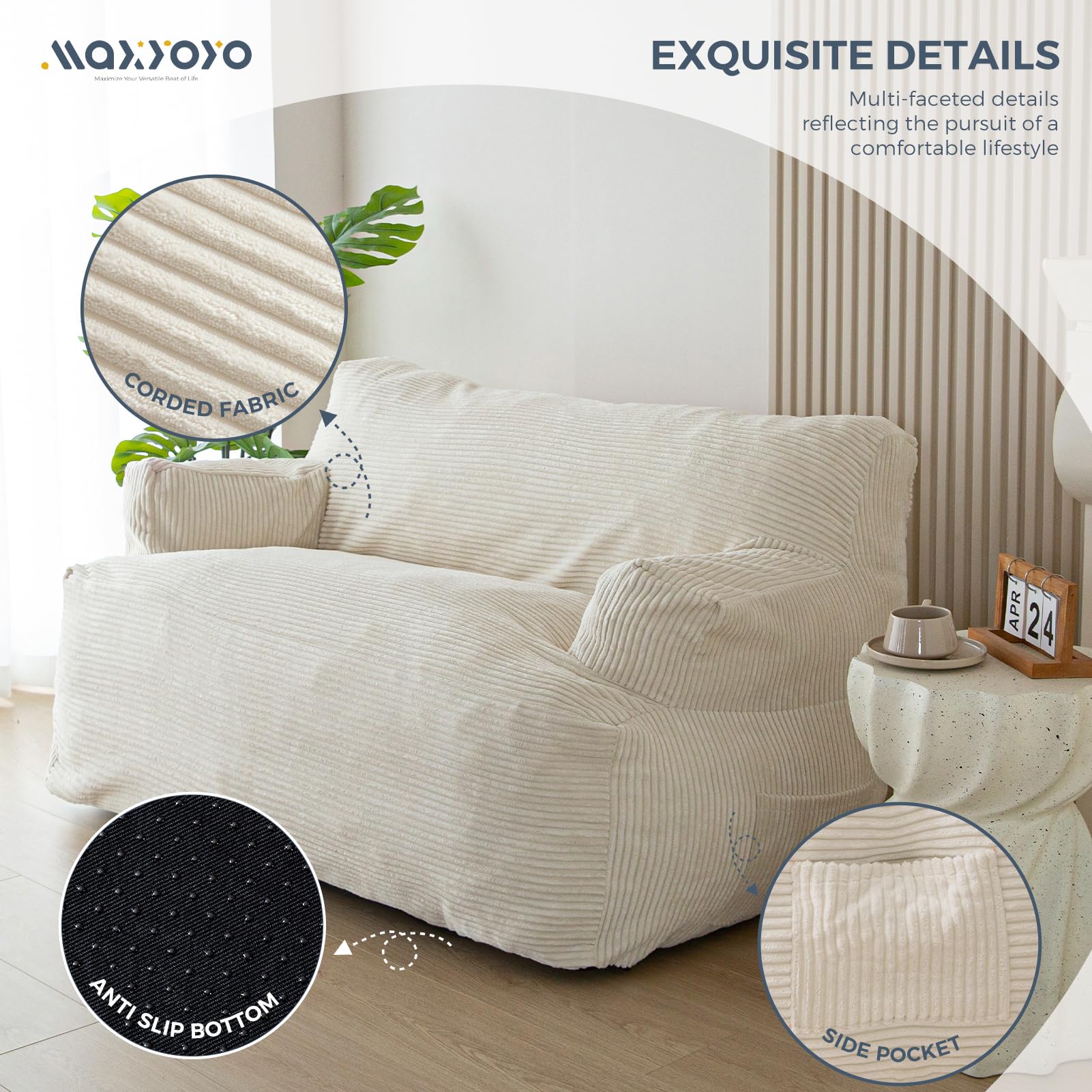 MAXYOYO Oversized Bean Bag Chair for Adults - 2 Seater Loveseat Bean Bag Couch with Filler, Large Comfortable Lounge Chair for Living Room, Bedroom or Game Room - Soft Beige Fabric