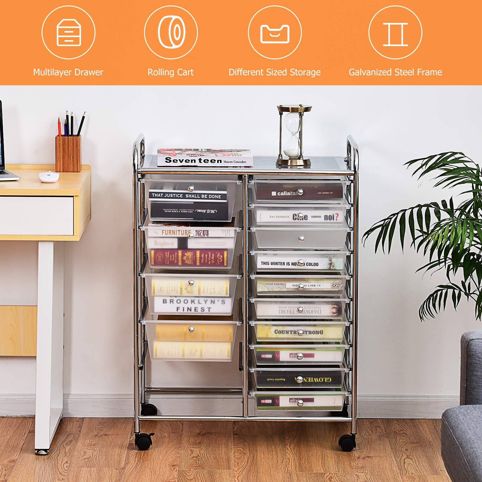 HAPPYGRILL 15-Drawer Rolling Storage Cart with Wheels - Organizer for Tools, Office, School & Craft Supplies - Portable Utility Cart for Home, Office & Classroom Organization