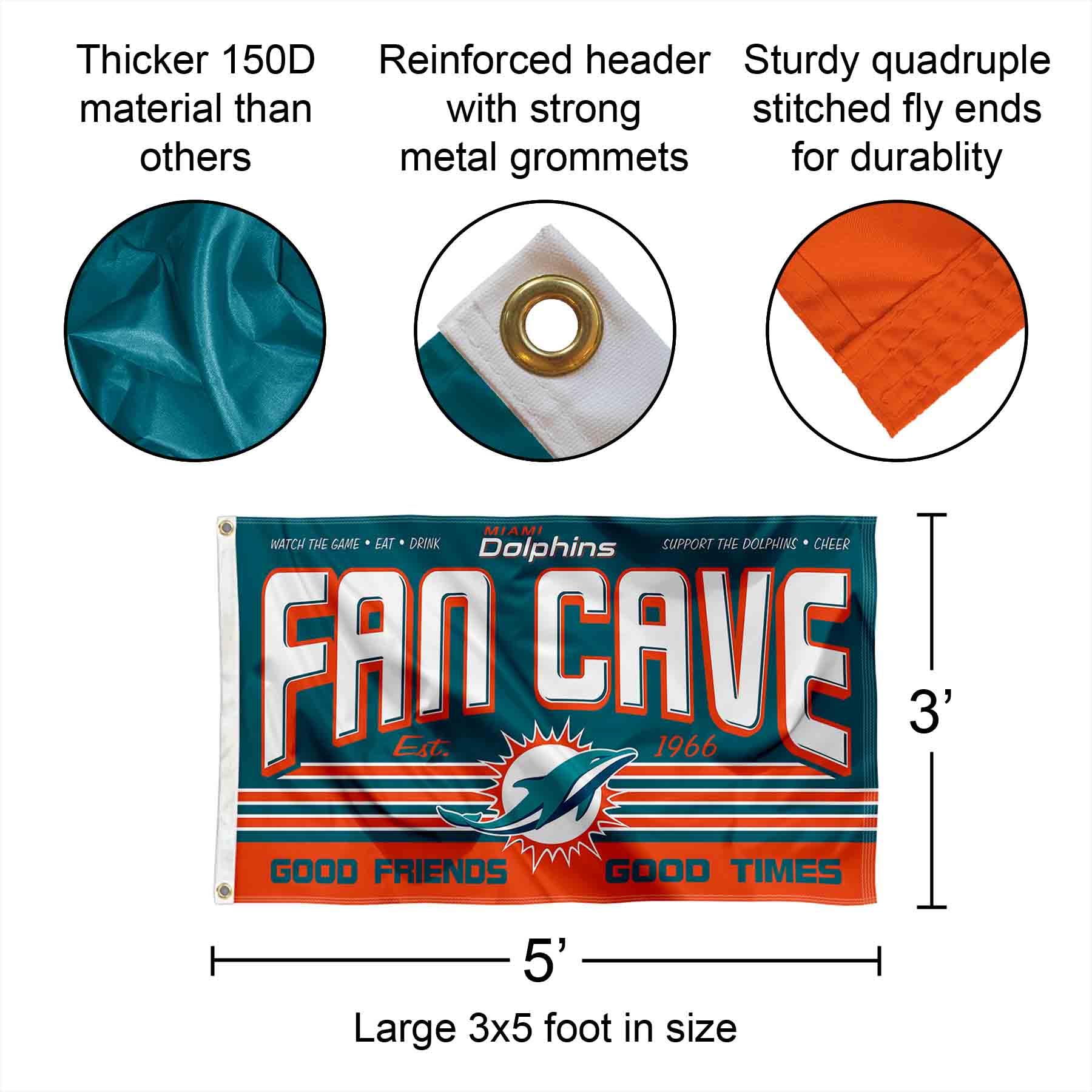 WinCraft Miami Dolphins NFL Team Fan Man Cave Banner Flag - Perfect for Game Day Decor, Tailgating, and Sports Room Wall Art