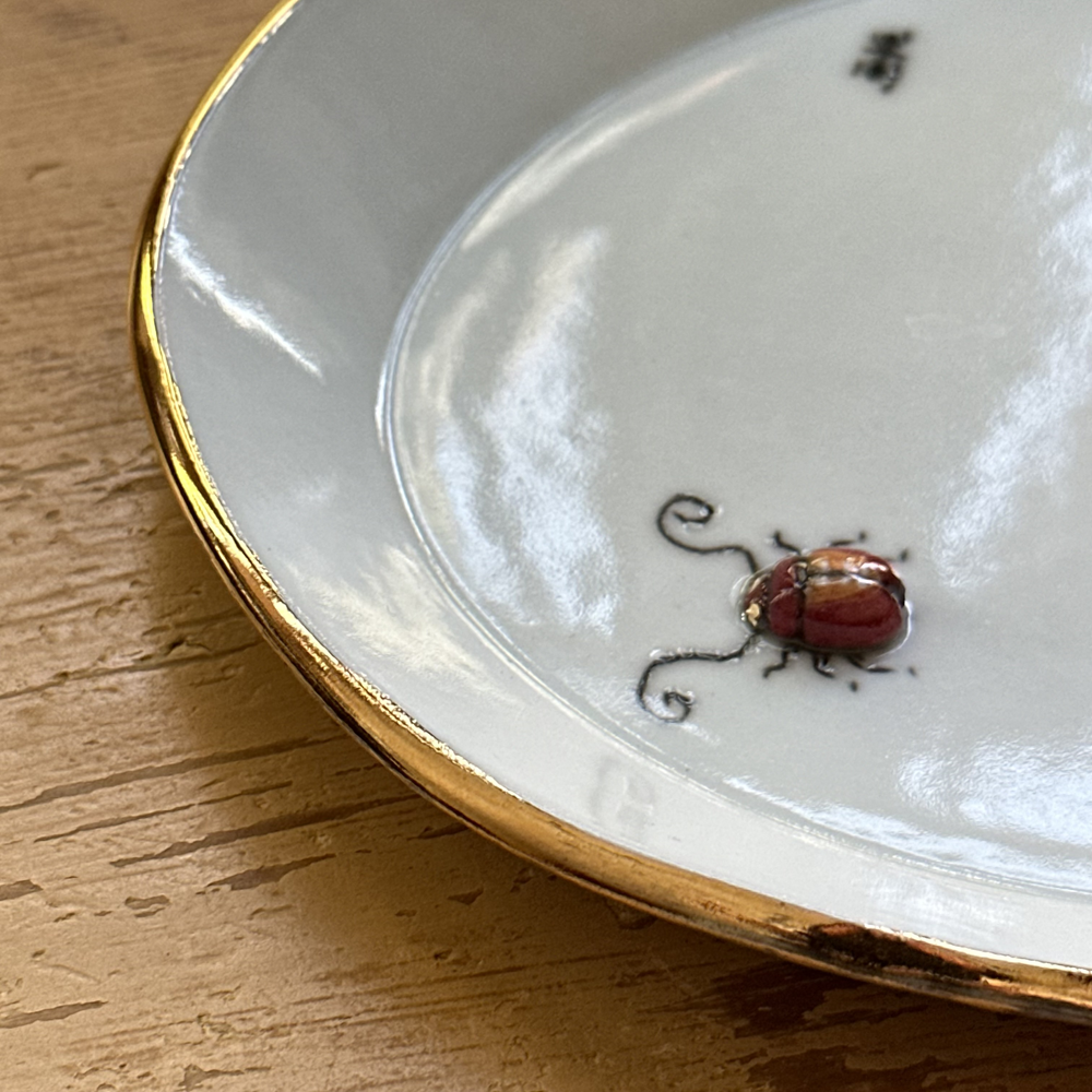 Beetles, Ladybug & Bee Oval Bug Plate with Blue Arabesque Trim (BC228) - Perfect for Kids' Parties, Garden Decor & Unique Gift Ideas