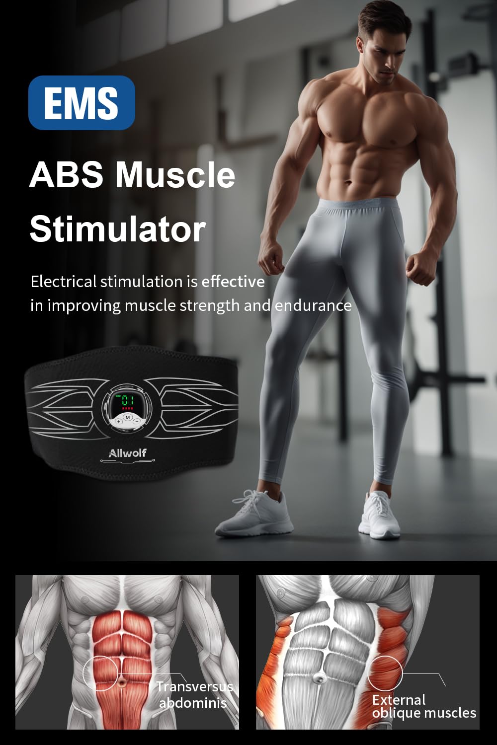 Ab Stimulator Muscle Toner - EMS Abdominal Toning Belt for Men & Women | Black | Workout & Fitness Training Device for Home Gym & Office Use