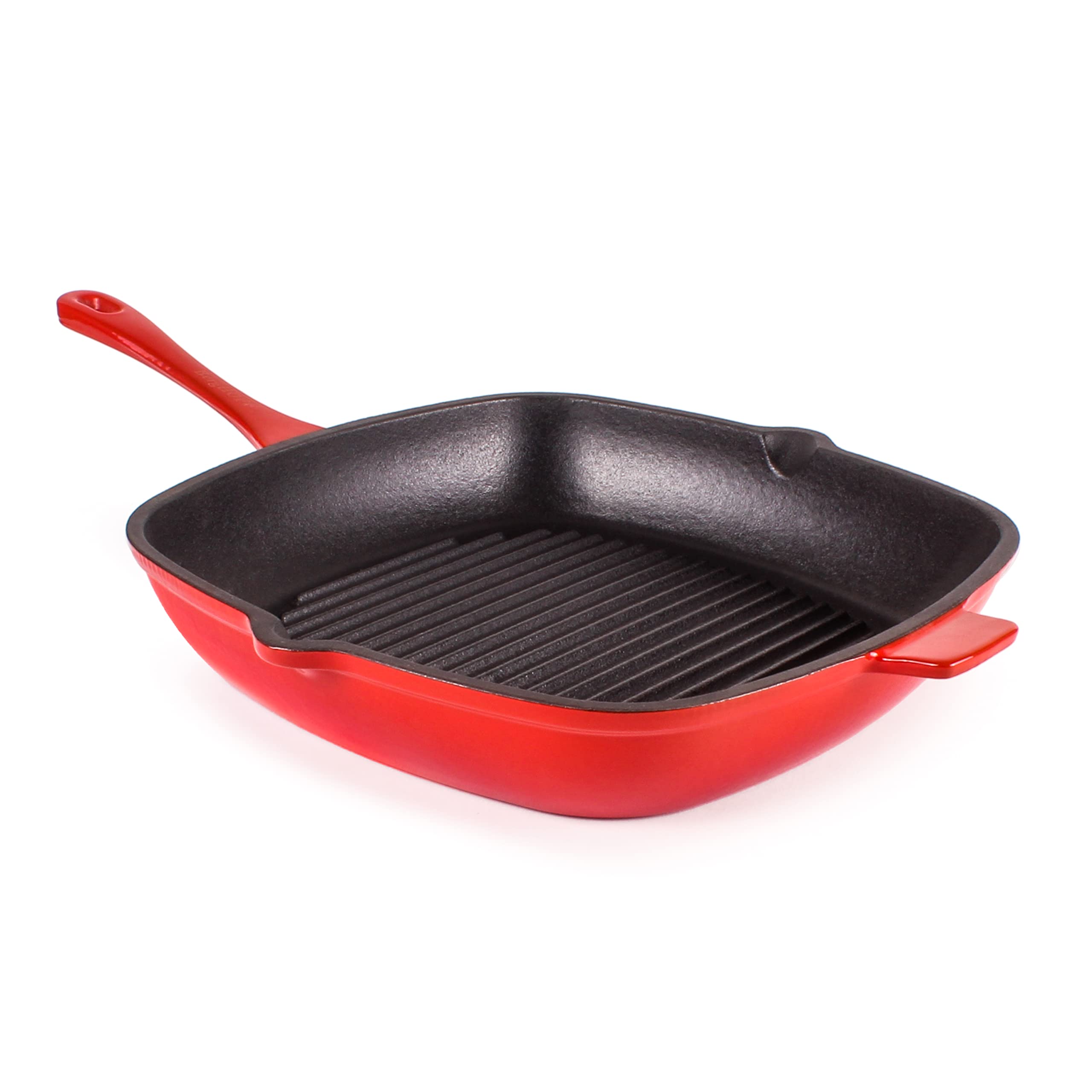 Berghoff Neo 11 Inch Red Cast Iron Grill Pan - Heavy Duty Skillet for Steak, Chicken & Vegetables - Perfect for Stovetop, Oven & Outdoor Cooking