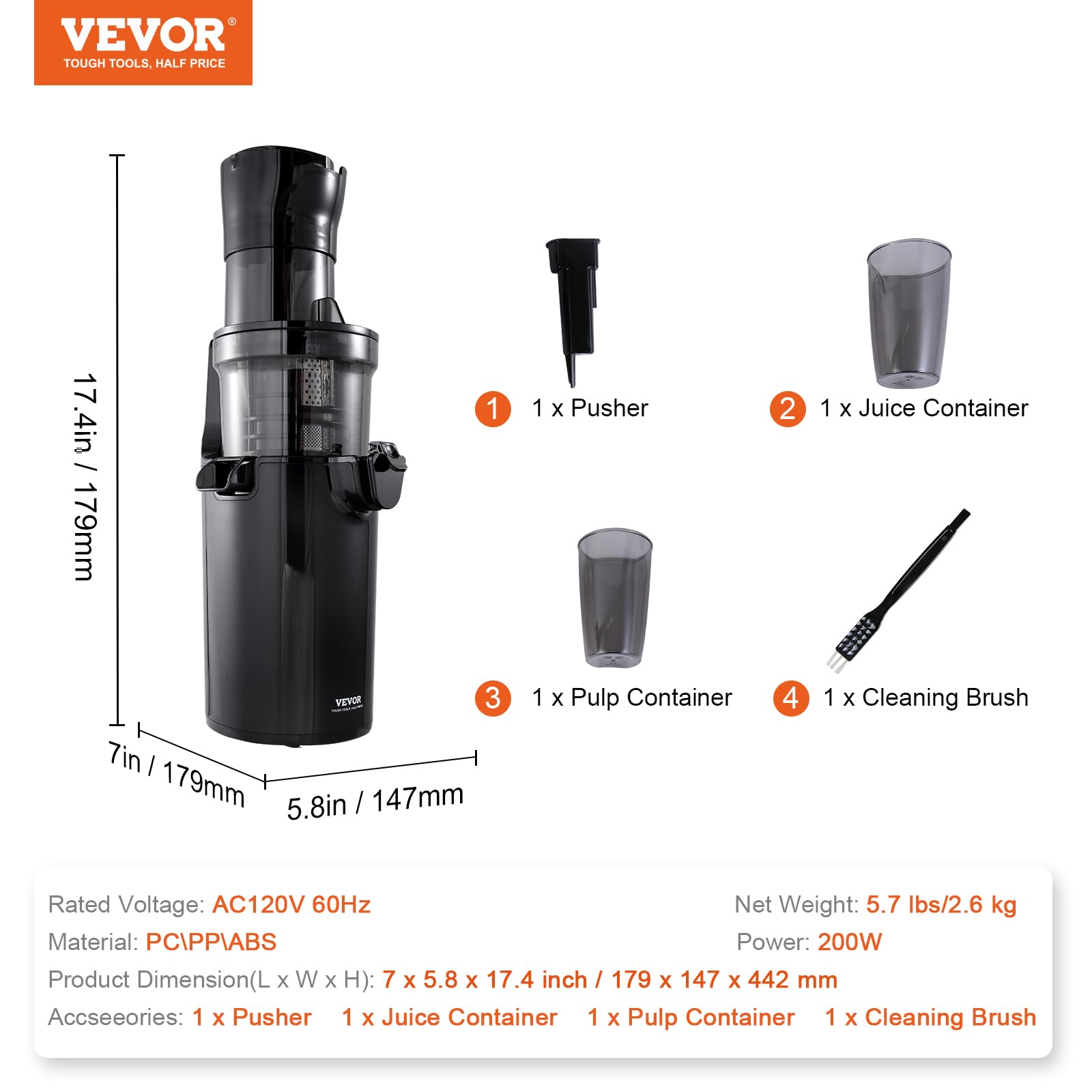VEVOR Slow Masticating Juicer - Cold Press Juicer Machine with High Juice Yield, Easy to Clean with Brush - Perfect for Fruits, Vegetables, Wheatgrass & Healthy Juicing at Home, Gym or Office