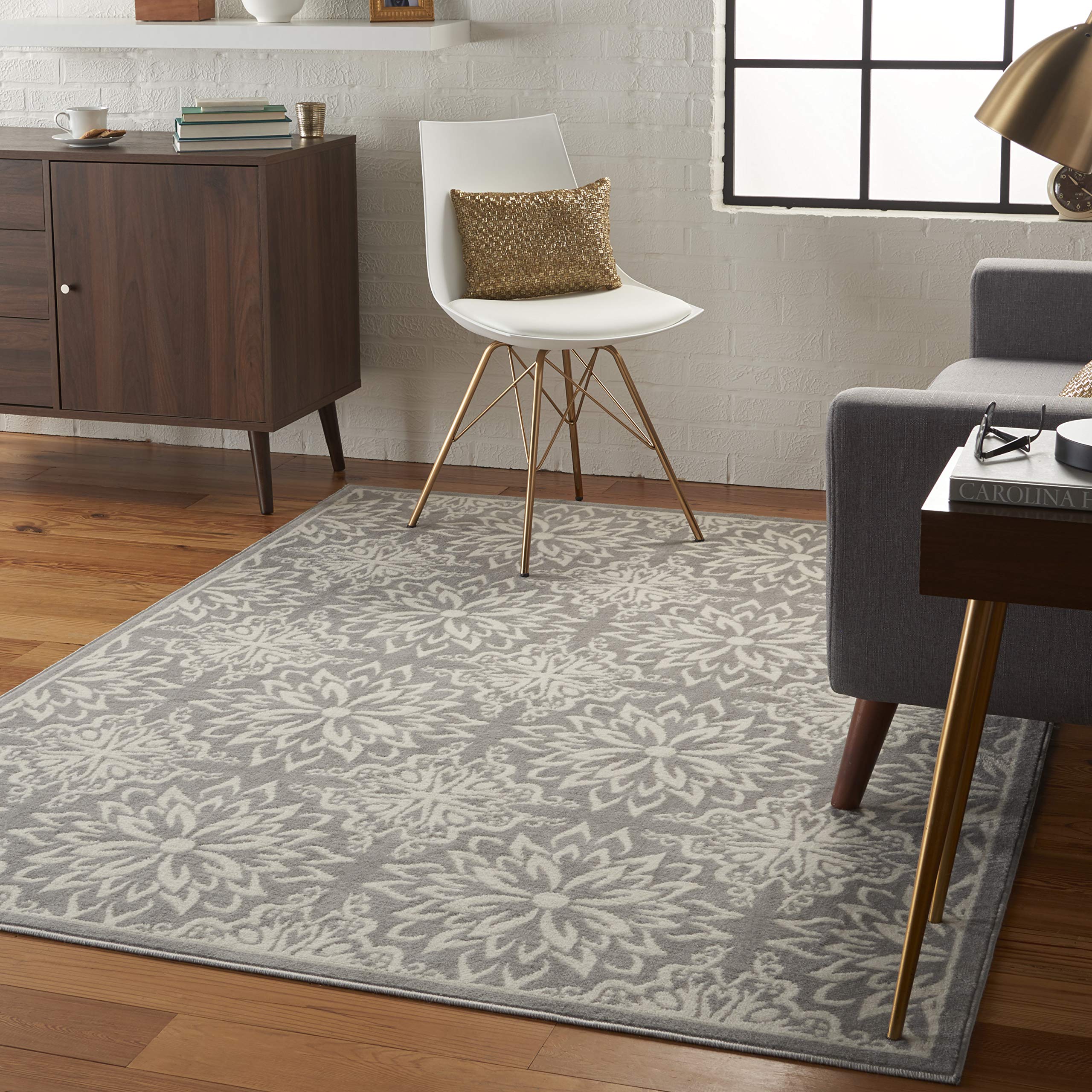 Nourison Jubilant Floral Ivory/Grey 6' x 9' Area Rug - Easy Cleaning, Non-Shedding, Stain Resistant for Bedroom, Living Room, Dining Room & Kitchen | Perfect for Home Decor, Family Gatherings & Pet-Friendly Spaces (6x9)