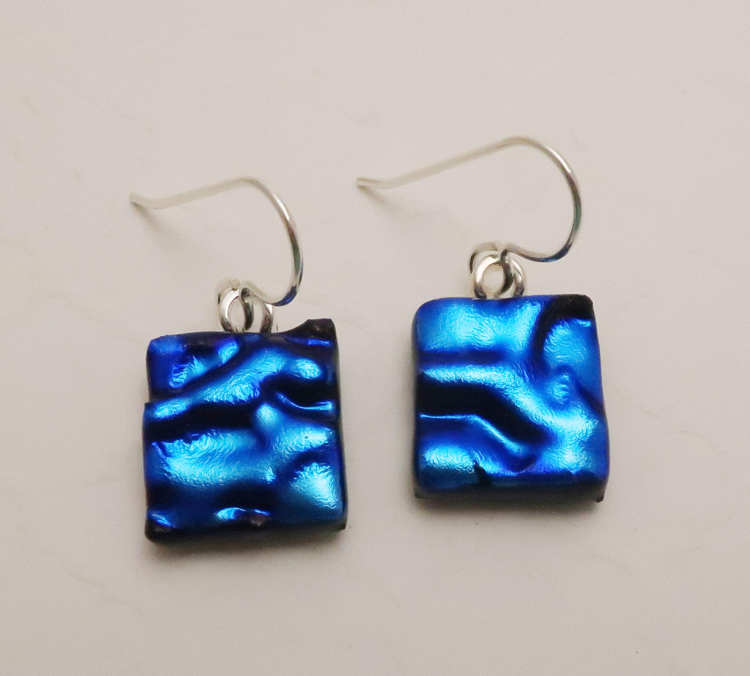 Lightweight Textured Fused Bright Blue Dichroic Glass Sterling Silver Earrings N123 | Handmade Jewelry for Women | Perfect for Parties, Weddings & Special Occasions