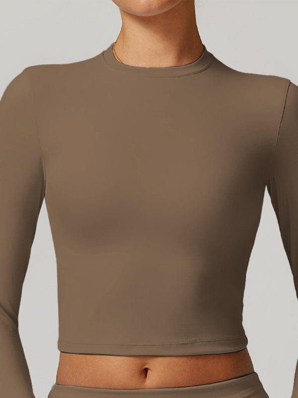 ZASUWA Women's Solid Color Quick Dry Elastic Tight Long Sleeve Workout Tops - Perfect for Yoga, Running & Gym Training