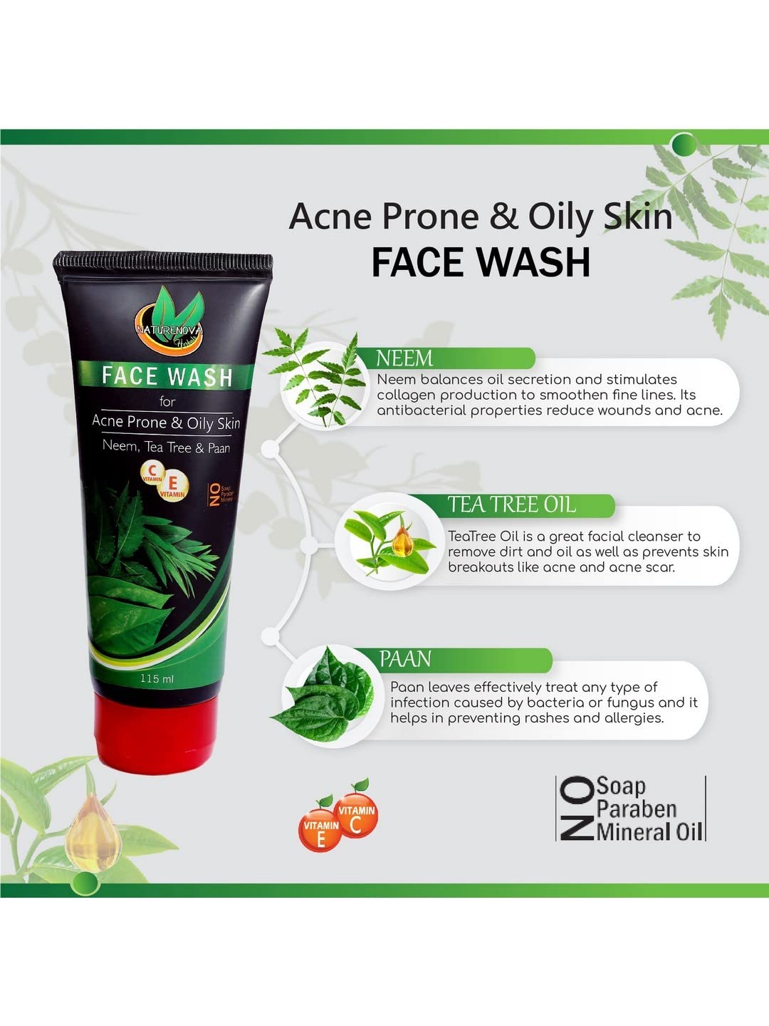 NatureNova Herbal Face Wash for Acne & Oily Skin - 115ml with Neem, Betel Leaf & Tea Tree Oil | Gentle Cleanser for Daily Skincare Routine | Reduces Breakouts & Controls Shine