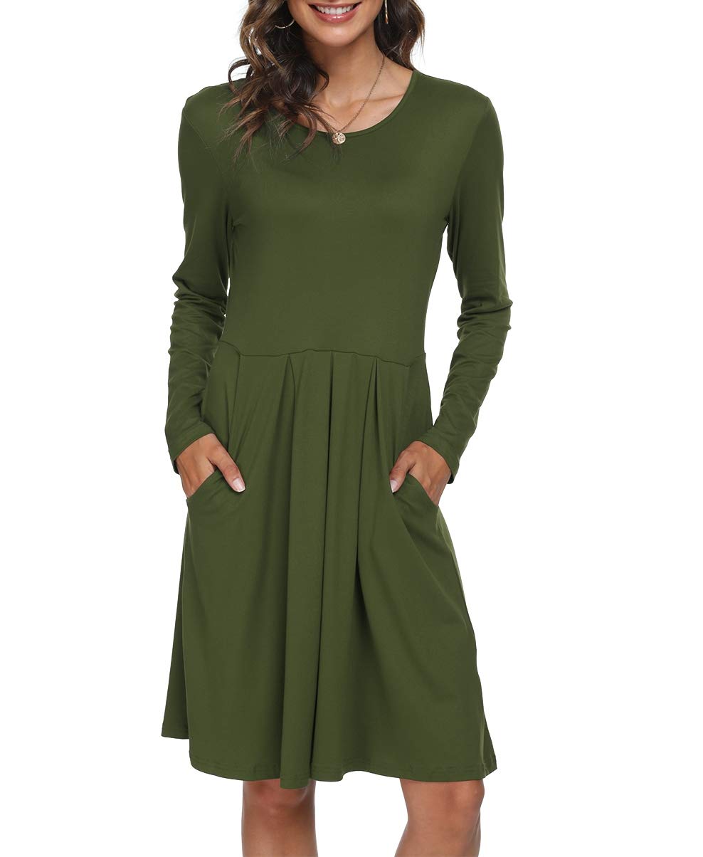 DouBCQ Women's Casual Long Sleeve Pleated Maxi Dress with Pockets - Elegant Flowy Fall Dress for Work, Date Night & Autumn Outings