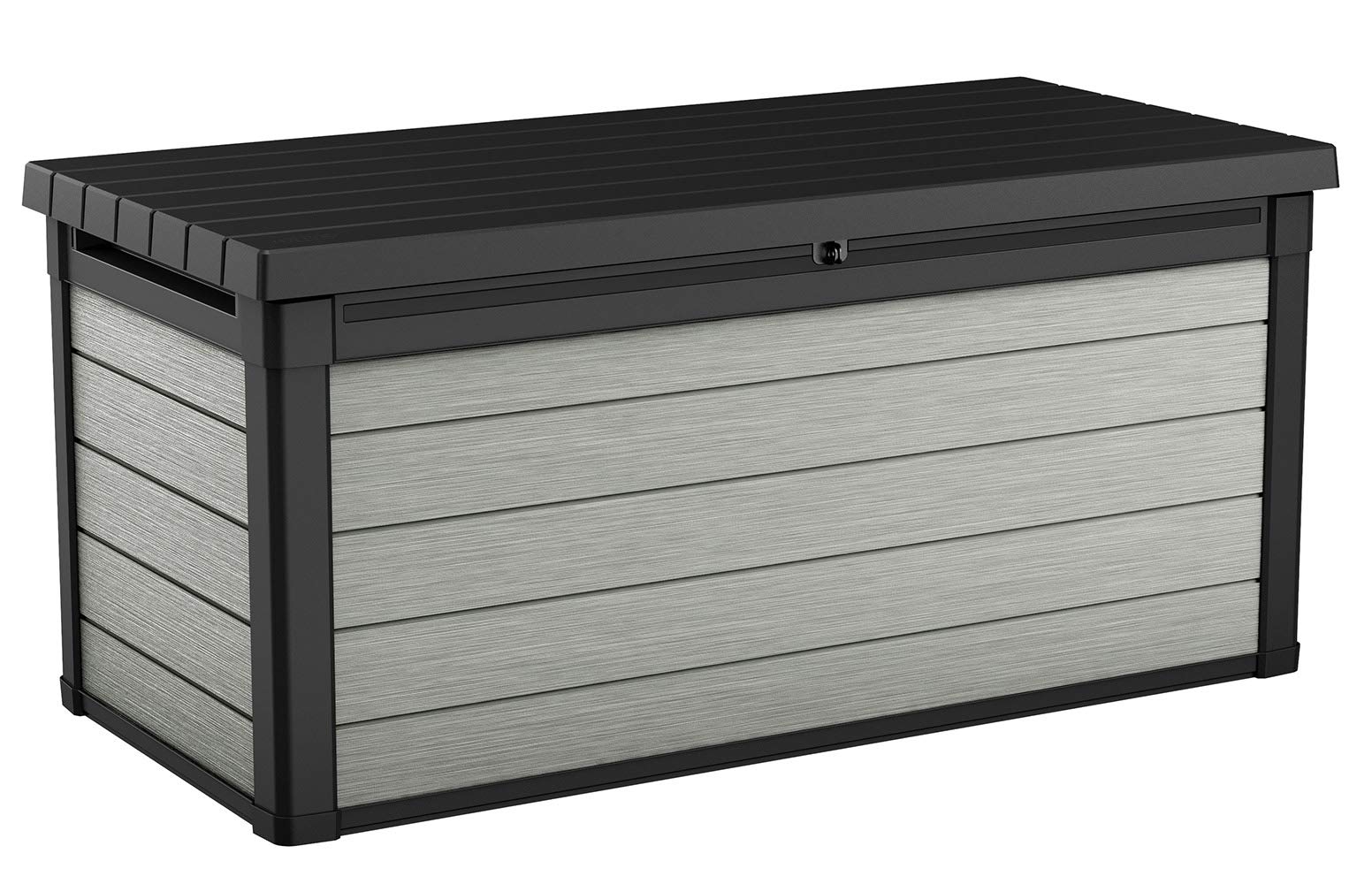 Keter Denali 150 Gallon Resin Deck Box - Large Outdoor Storage Container with Double Wall 20mm Panels, Paintable & Drillable - Perfect for Patio Furniture Cushions, Garden Tools, Pool Toys & Backyard Organization (Grey & Black)