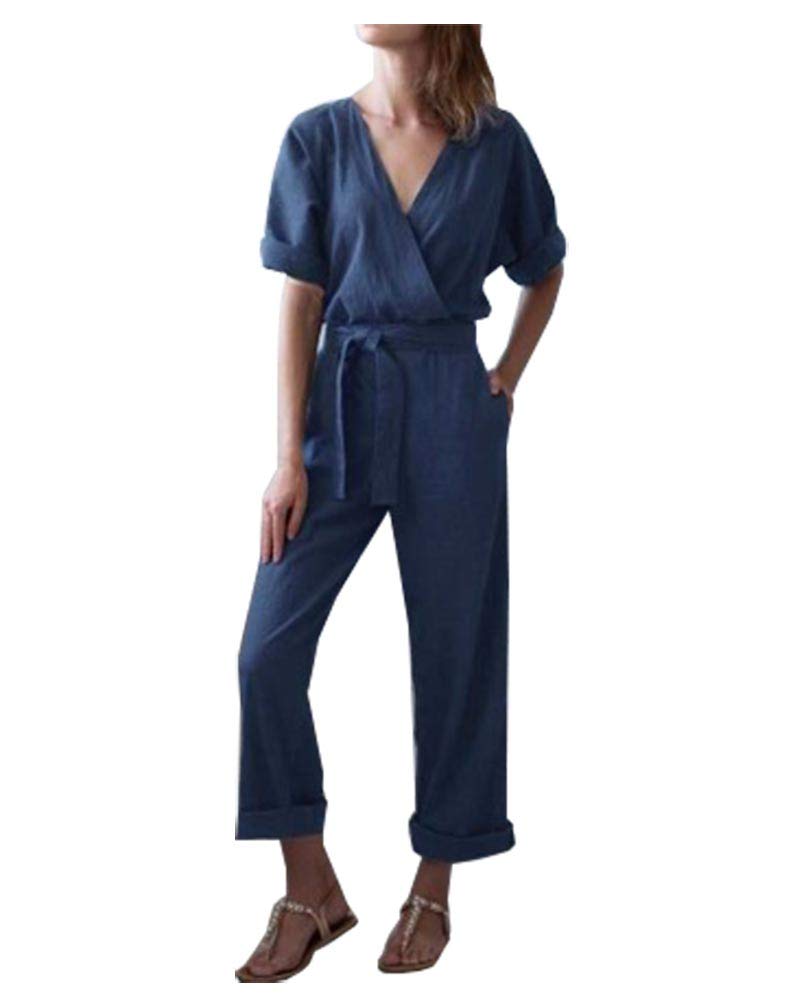 LifeShe Women's V-Neck Cotton Linen Jumpsuit Romper - Wide Leg Overalls with Adjustable Belt for Casual Outings, Summer Travel & Boho Style Fashion