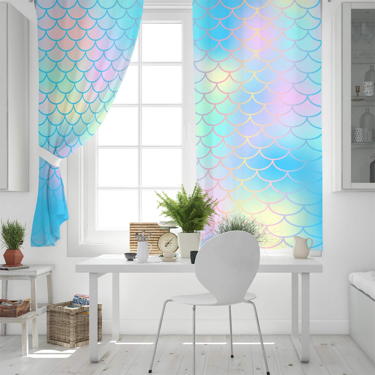 Floral Fish Scale Mermaid Blackout Curtains for Kitchen, Cafe & Office - 2 Panels Set, 104W x 63L Inch - Stylish Window Treatment for Privacy & Sun Protection - Perfect for Home Decor, Restaurants & Workspaces