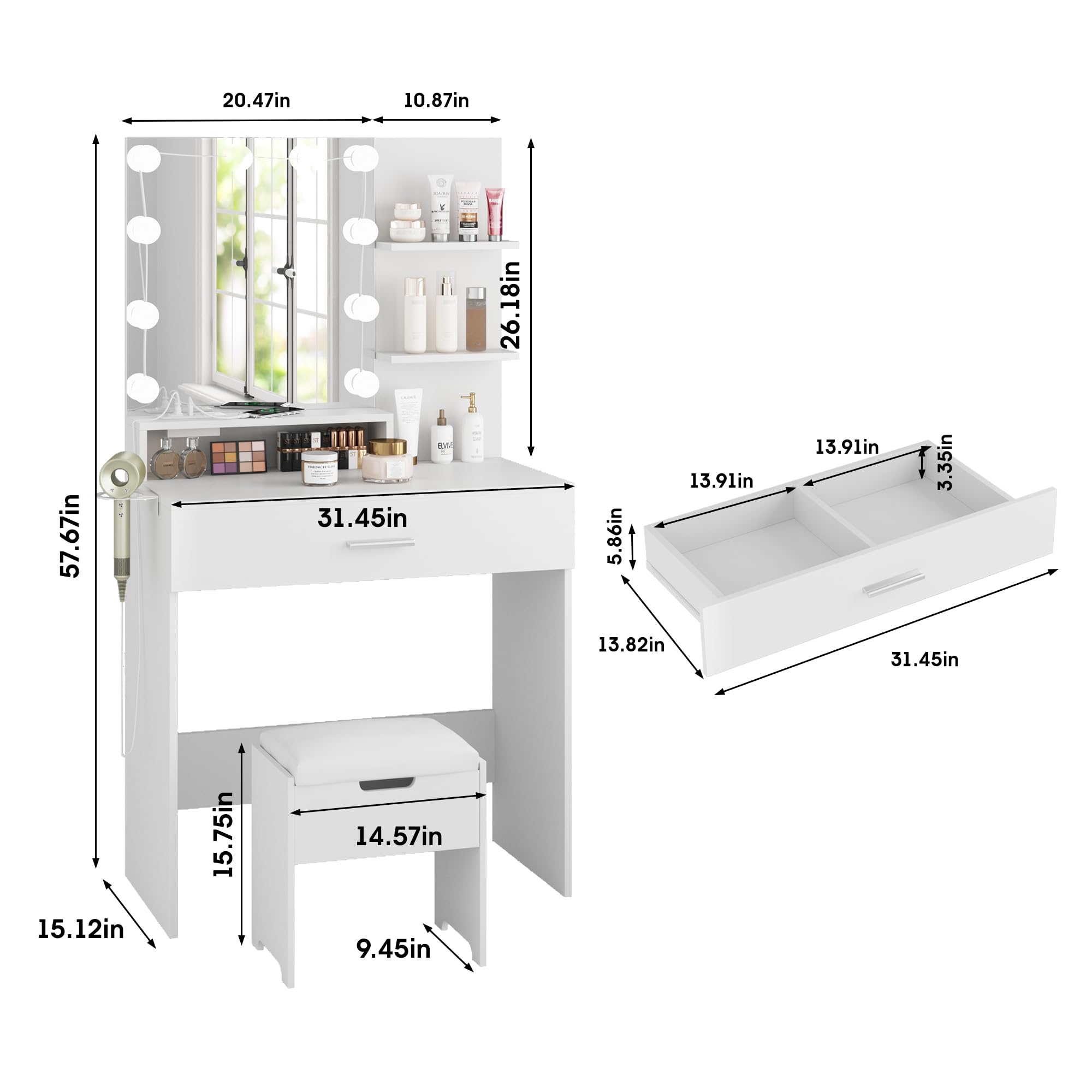 Vabches White Makeup Vanity Table with LED Lighted Mirror & Power Outlet - 3 Lighting Modes, Adjustable Brightness, Ample Storage - 31.5