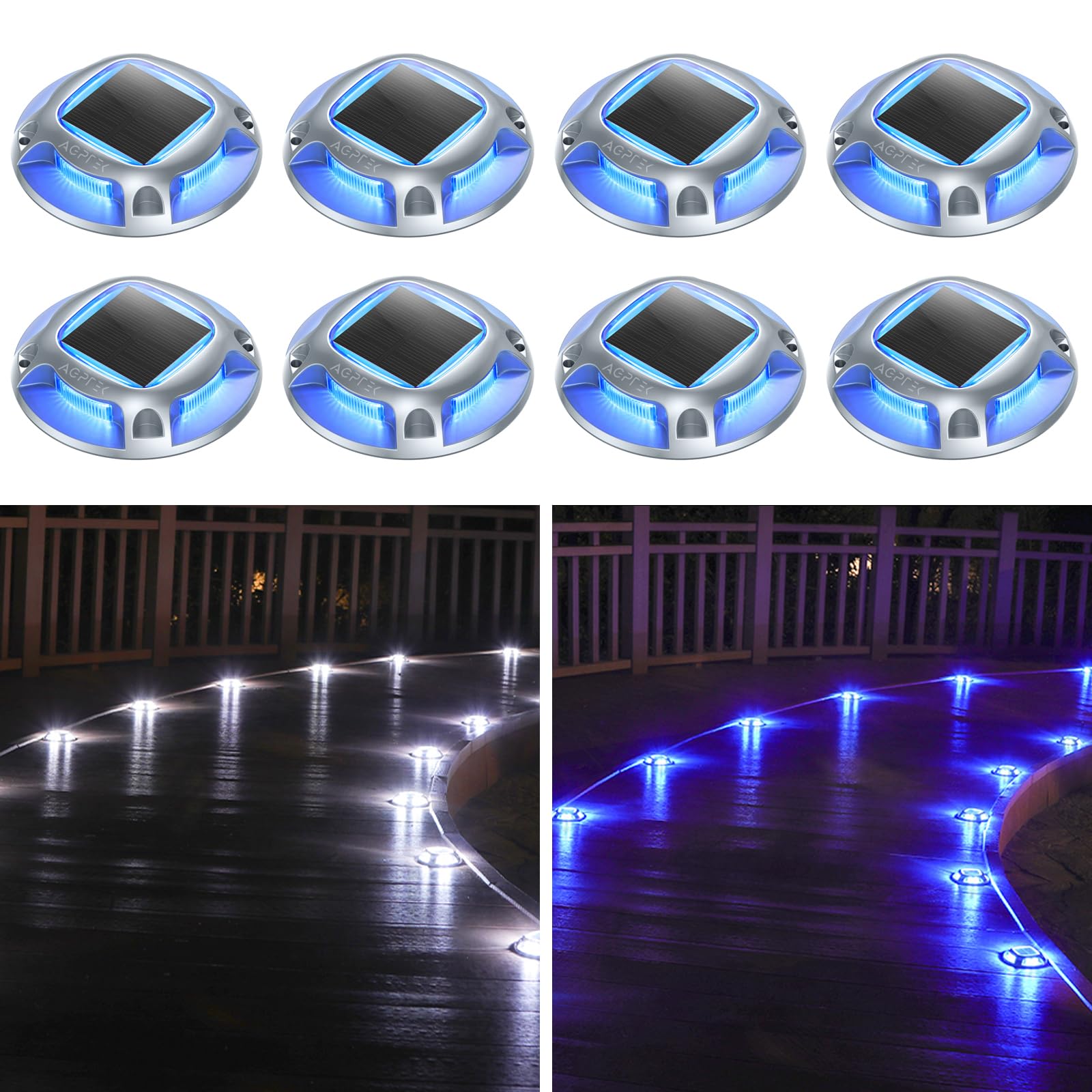 AGPTEK Solar Driveway Lights Outdoor 8 Pack - Waterproof LED Pathway Lights with 2 Color Modes (Blue & Cool White) for Deck, Dock, Marine, Garden, Walkway, Yard, Stairs & Sidewalk - Solar Powered Security Marker Lights for Nighttime Safety & Landscape Lighting