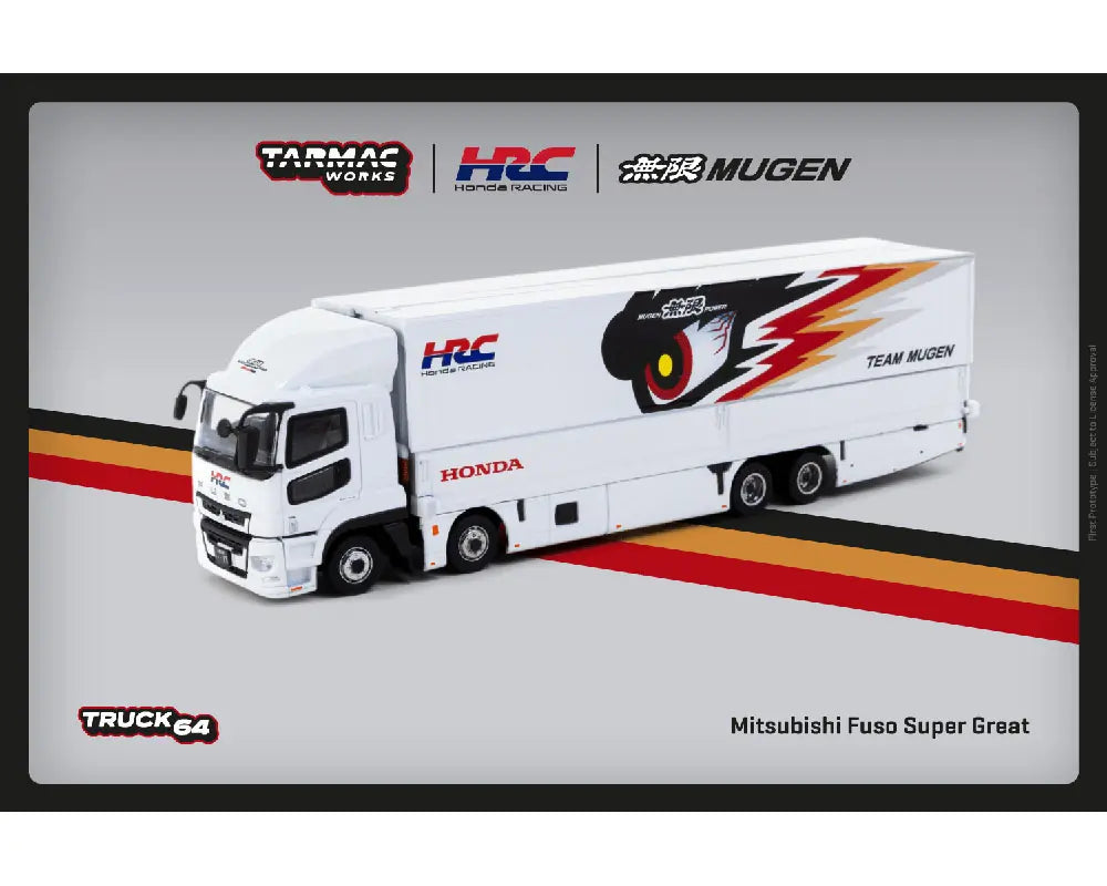 PREORDER Tarmac Works 1:64 Scale Mitsubishi Fuso Super Great Honda Racing Team Mugen Diecast Model Car - Perfect for Collectors, Display Cases, and Racing Enthusiasts
