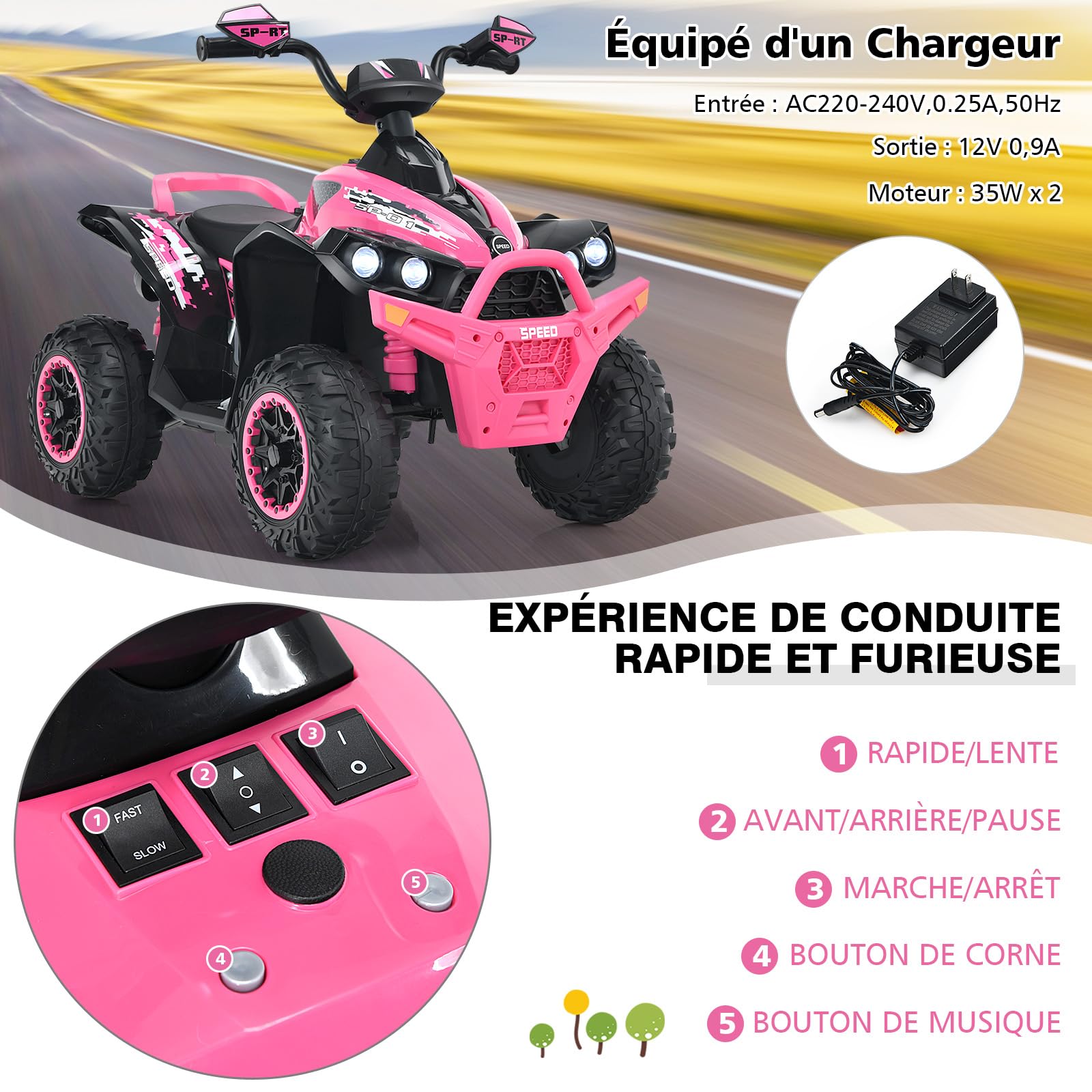 DREAMADE 12V Kids Electric ATV Quad Bike - Adjustable Speed, Forward/Reverse, LED Lights, Music, Horn & Pedal - 35kg Capacity Pink Ride-On Car for Boys & Girls - Perfect for Backyard Play, Birthday Gifts & Outdoor Adventures