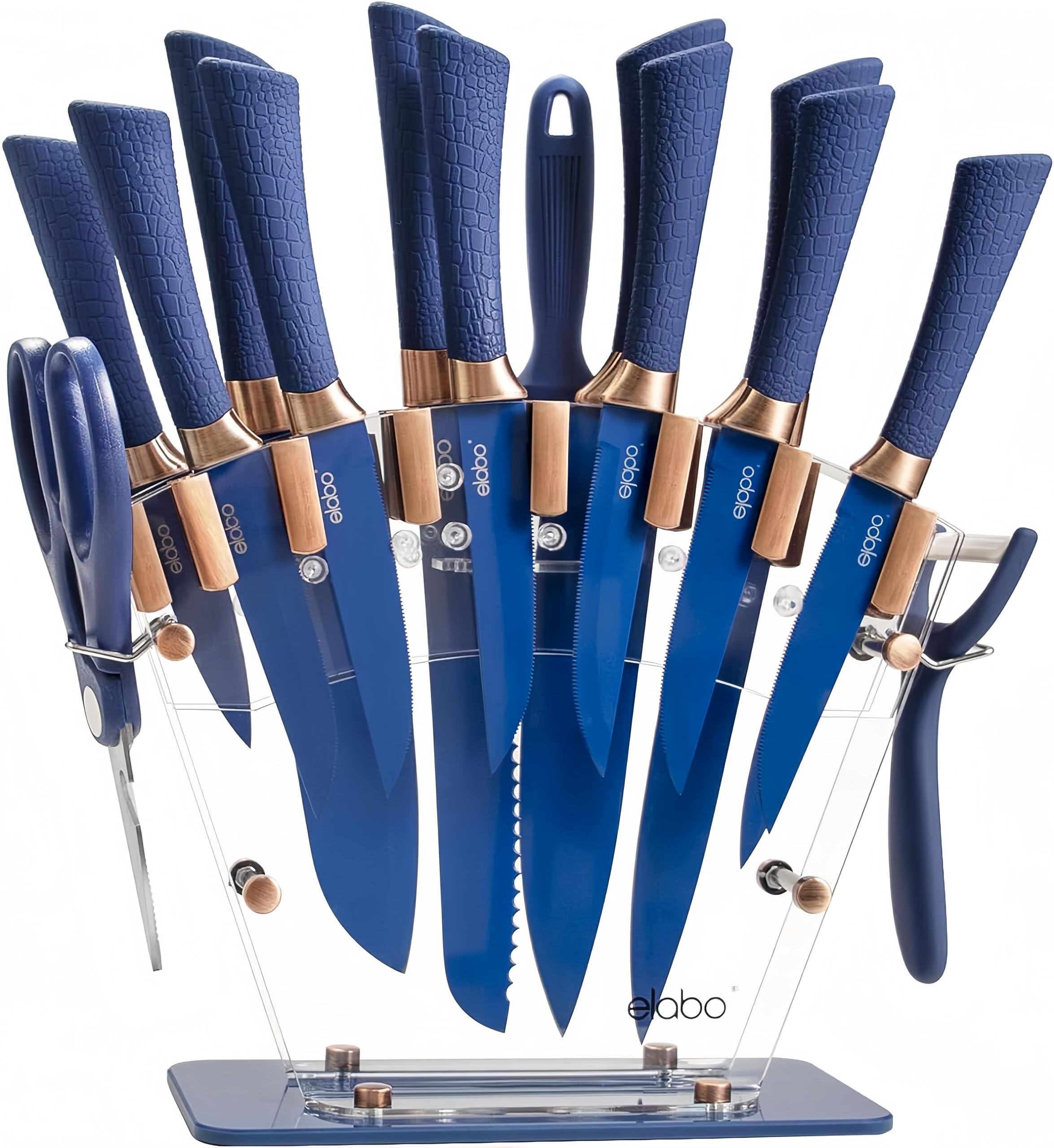 Premium 16-Piece Kitchen Knife Set with Rose Gold Handles - 6 Sharp Chef Knives & 6 Serrated Steak Knives, Stainless Steel Blades, Includes Scissors, Peeler & Knife Sharpener with Storage Block (Blue) - Perfect for Home Cooking, Professional Chefs & Gift Giving