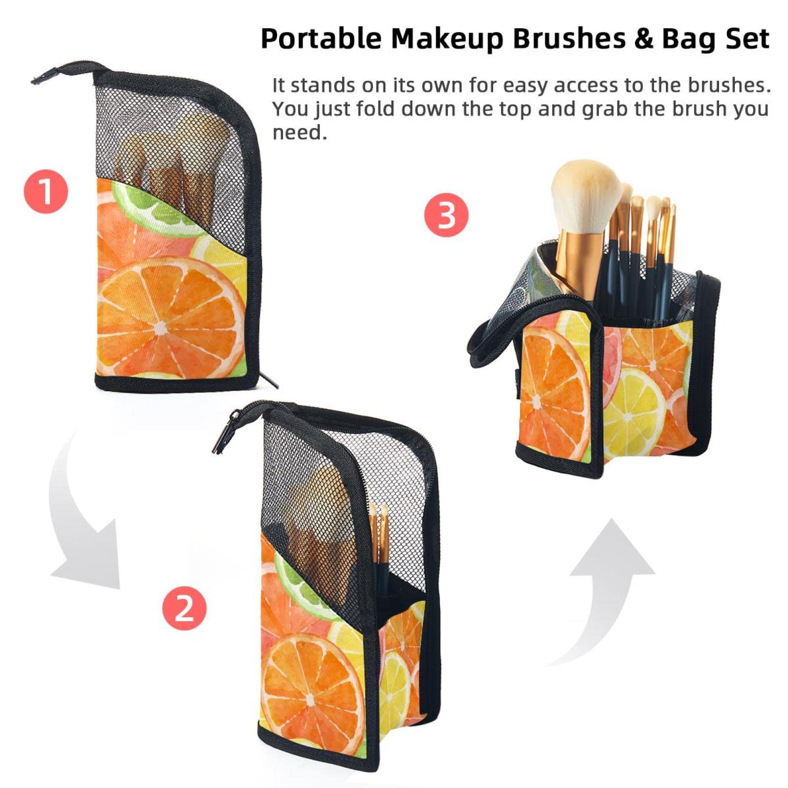 12-Piece Makeup Brush Organizer Bag Set with Watercolor Orange & Lemon Design - Portable Travel Cosmetic Brush Holder Case for Professional Makeup Artists & Beauty Enthusiasts - Perfect for Home, Travel, and Salon Use