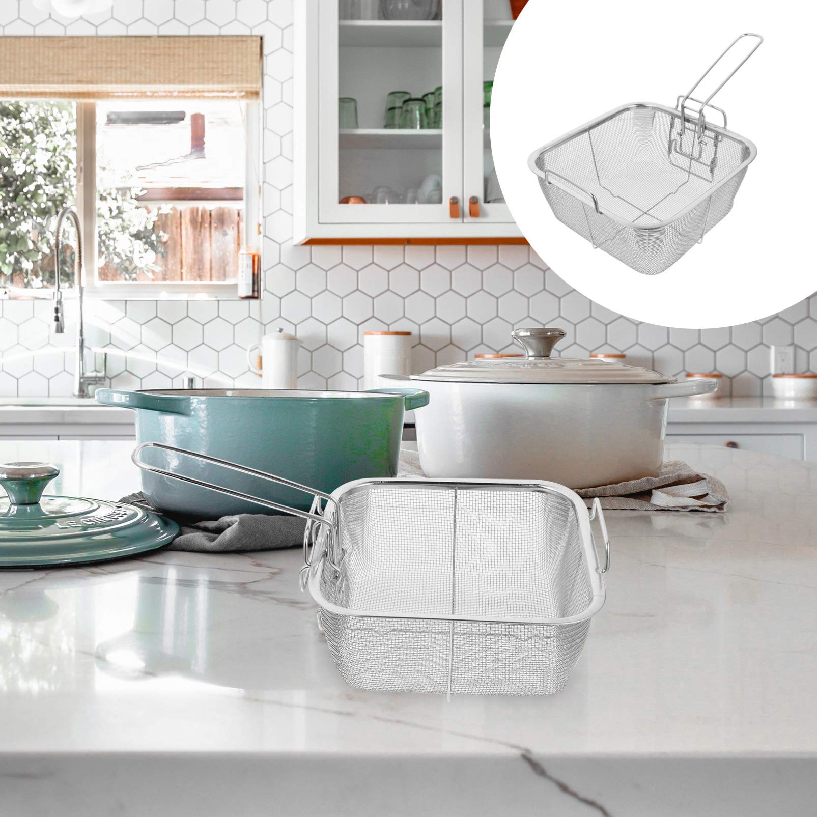 DOITOOL Stainless Steel Deep Fry Basket - Round Wire Mesh French Fry Basket with Folding Handle for Kitchen, Perfect for Frying Chips, Chicken Wings, and Donuts - Ideal for Home Cooking and Restaurant Use