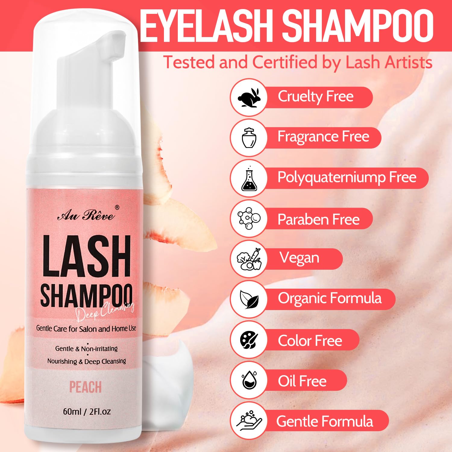 Gentle Foaming Eyelash Extension Shampoo 60ml (2oz) - Lash Cleanser with Brush & Wash Bottle - Safe for Lash Extensions - Salon & Home Use - Peach Scented for Fresh Feeling