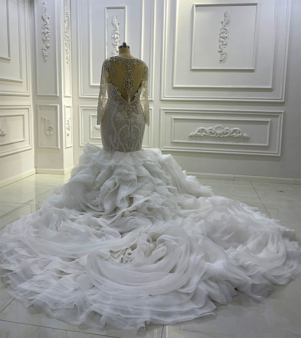 Elegant Long Sleeve Ruffled Crystal Wedding Dress AM1216 - Perfect for Bridal Gowns, Formal Events & Special Occasions