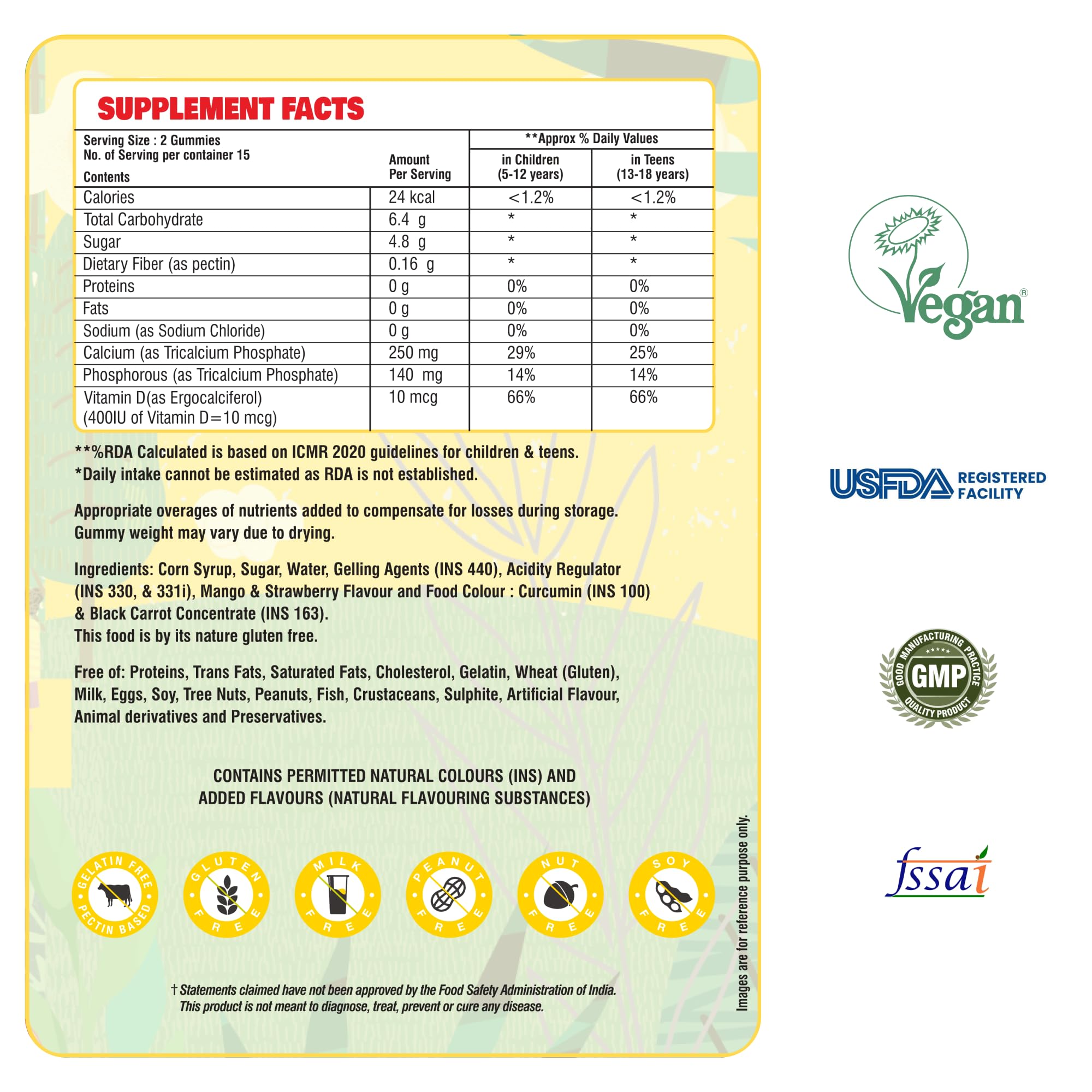 Kids Calcium & Vitamin D Gummies - Vegan Bone & Teeth Support for Healthy Growth | Delicious Mango Strawberry Flavor | 60 Chewable Gummies | UK Vegan Society Certified | Perfect for Picky Eaters & Daily Nutrition