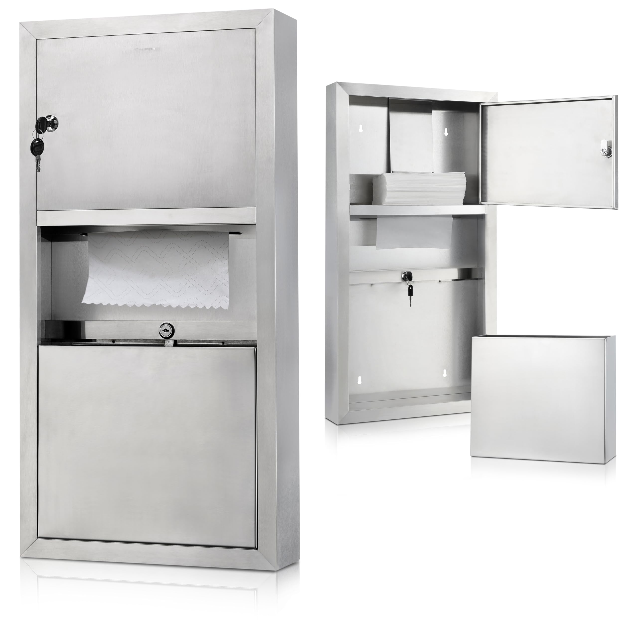 Stainless Steel Wall Mounted Commercial Paper Towel Dispenser with 2 Gallon Trash Can - Compatible with C Fold, Multifold & Tri Fold Towels - Brushed Finish & Lockable Design for Restaurants, Offices & Public Restrooms
