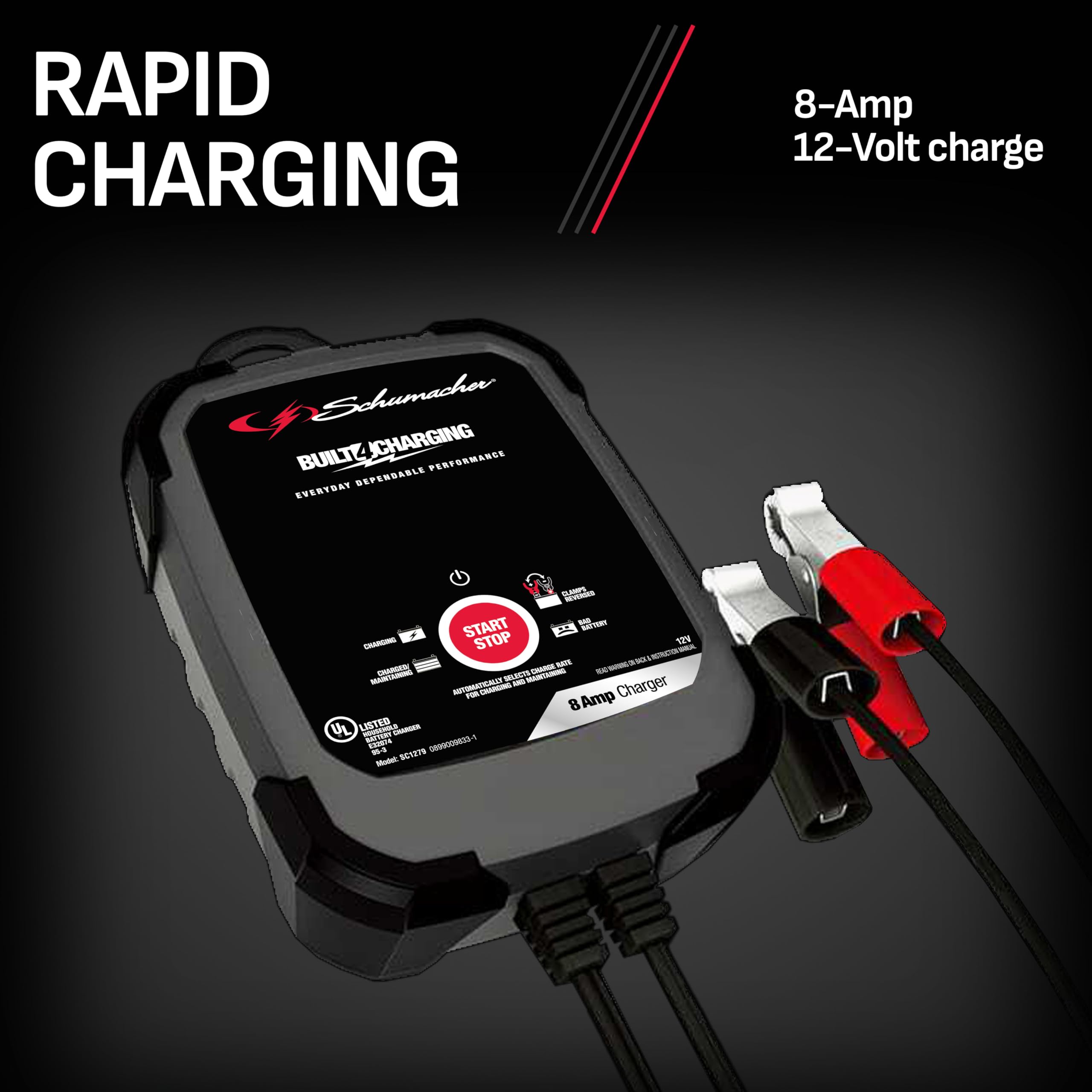 Schumacher SC1279 8A 12V Rapid Battery Charger for Cars, Trucks, SUVs - Fast Charging & Maintenance Mode - Perfect for Home Garage, Road Trips & Emergency Vehicle Jump Starts