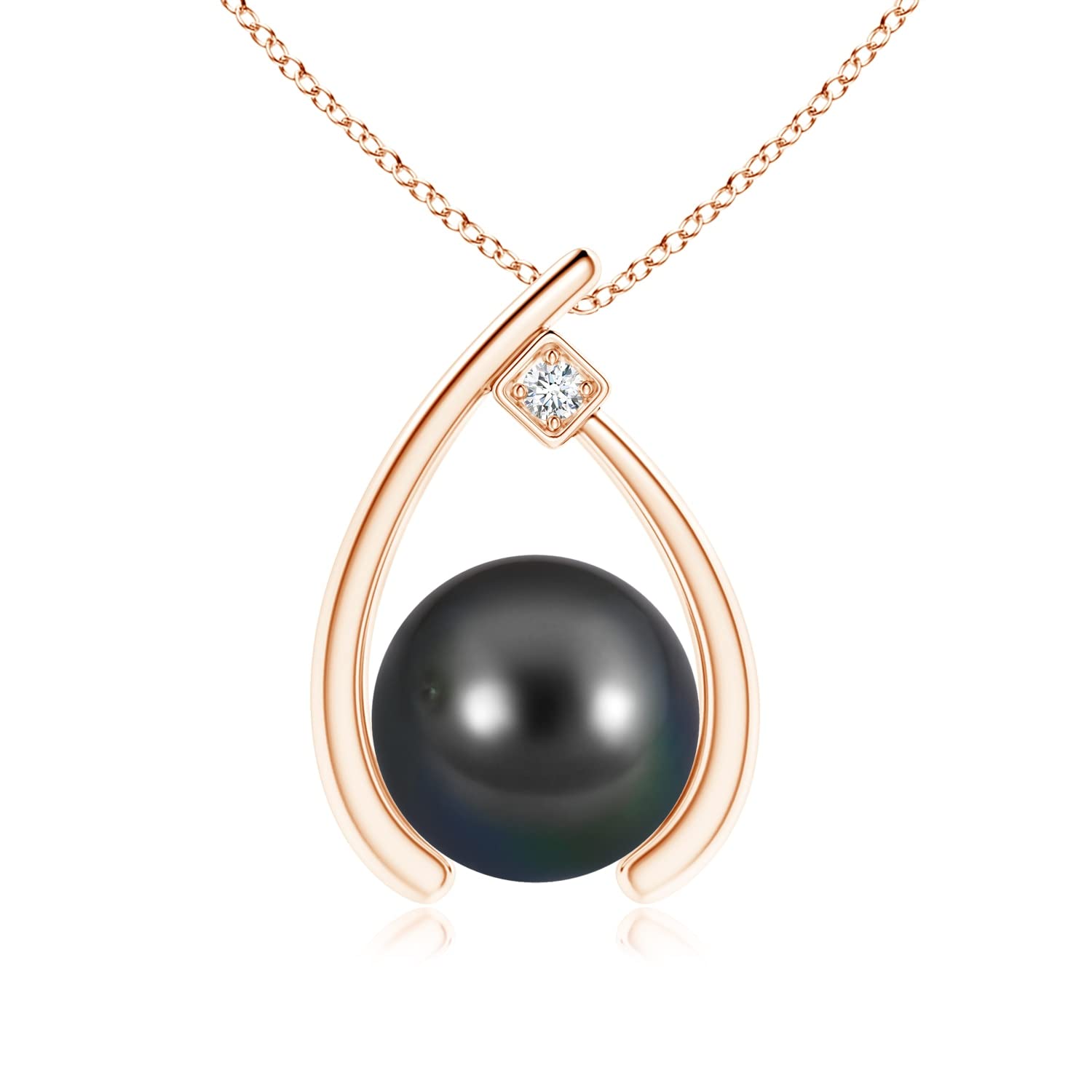 14K Rose Gold Tahitian Pearl Wishbone Necklace with Diamond - June Birthstone Gift for Her