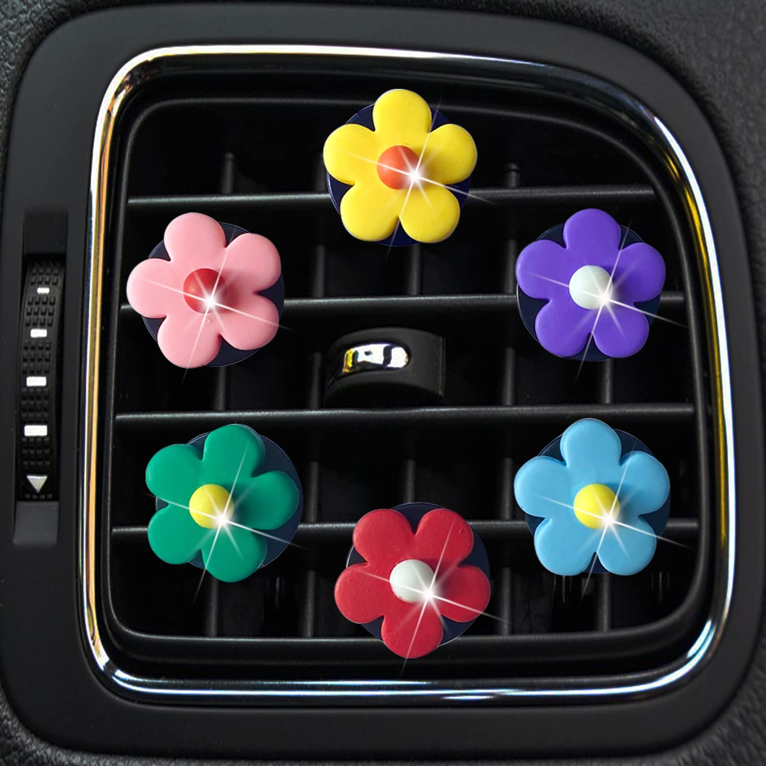 6 Pcs Daisy Flower Air Vent Clips - Cute Car Air Fresheners & Vent Diffusers for Women - Glam Interior Decor Accessories (Bright Color) - Perfect for Cars, Offices & Home Decor
