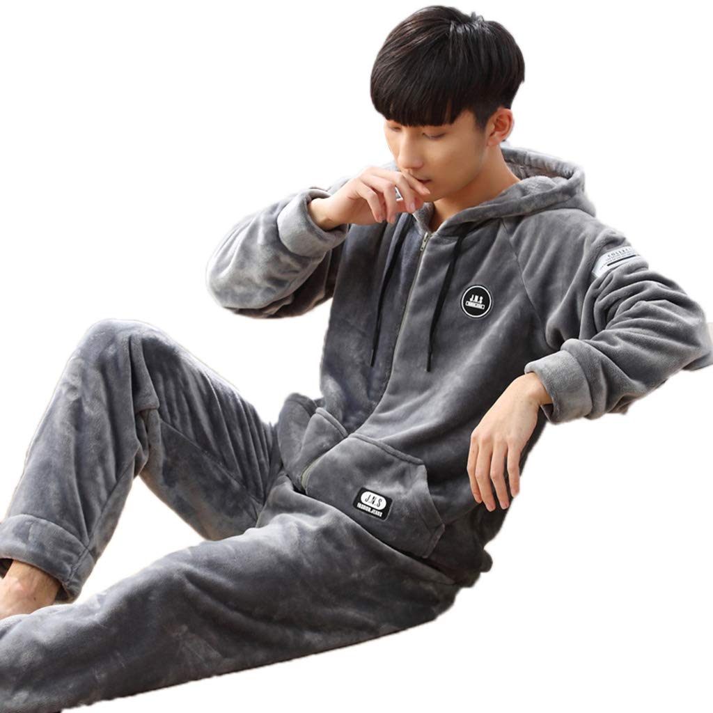 Men's Fleece Hooded Pajama Set - Warm Gray Two-Piece Sleepwear with Long Sleeve Pants for Winter | Cozy Home Loungewear, Casual Sleep Outfits & Relaxing Indoor Comfort