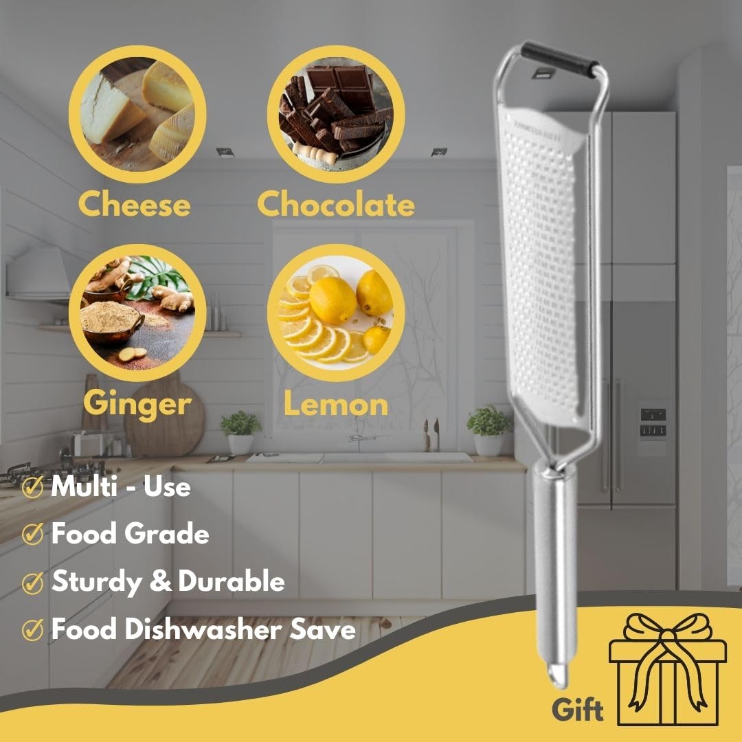 Premium Handheld Cheese Cutter & Grater Set - Stainless Steel Wire Slicer for Block Cheese with Wooden Board + 5 Replacement Wires - Perfect for Kitchen, Charcuterie Boards & Party Platters