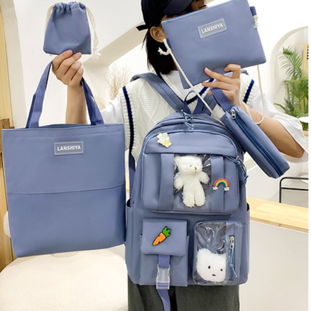 4Pcs Kawaii Cute Aesthetic Backpack Set for School with Accessories - Blue | Stylish Bookbag for Teens, College Students & Anime Lovers | Perfect for Daily Use, Travel & Cosplay