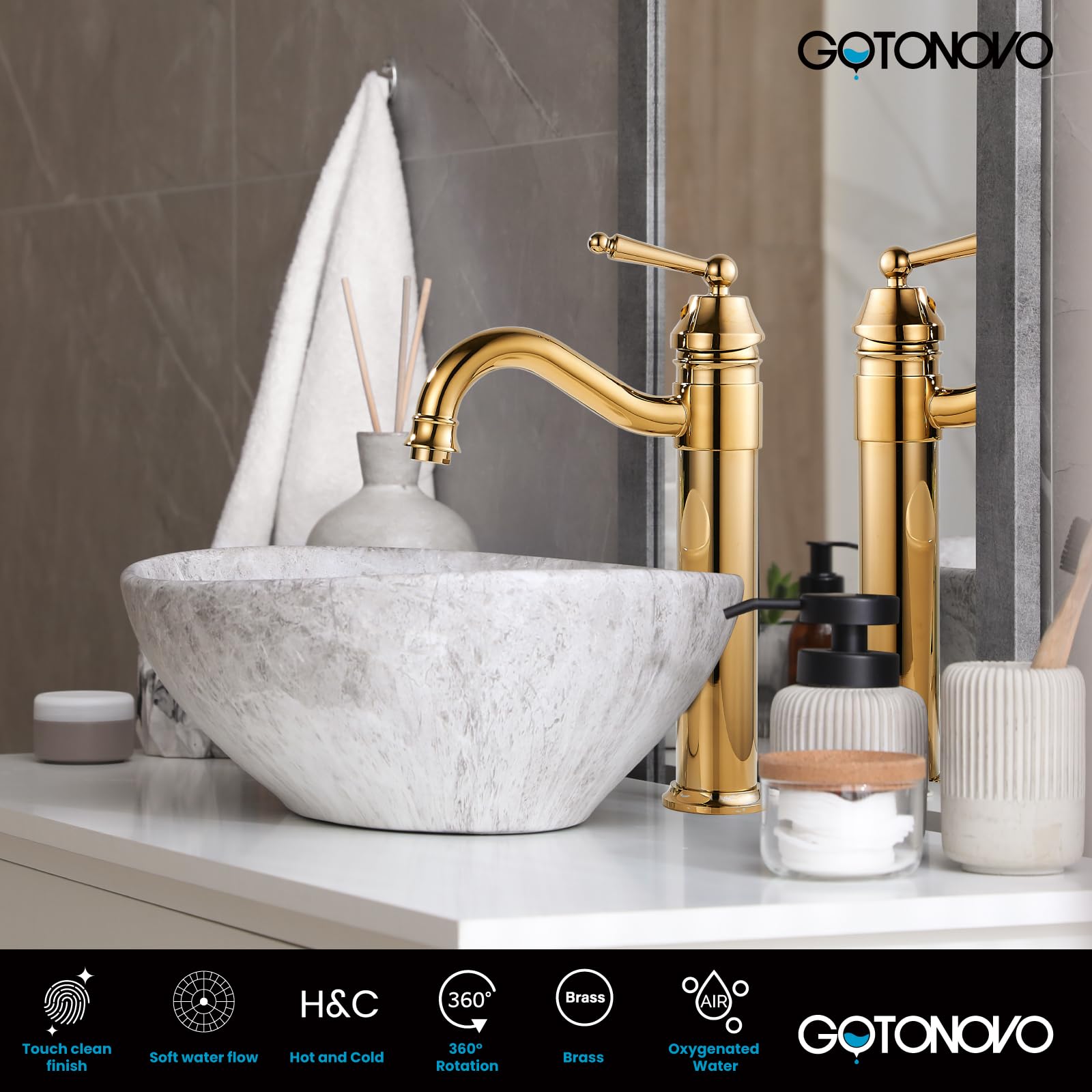 Brass Single Handle Bathroom Vessel Sink Faucet - Long Reach Gold Mixer Tap for Modern Vanities