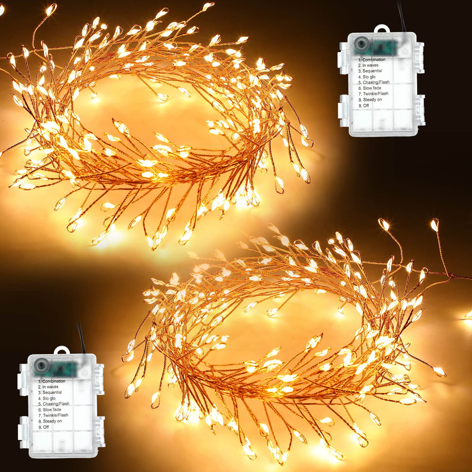 2 Pack 8ft 200 LED Fairy String Lights - Battery Operated Waterproof Copper Wire Christmas Lights with Twinkling Effect for Indoor/Outdoor Decor, Wreaths, Trees, Parties & Firecracker Displays (Bronze Wire) - Perfect for Xmas, Weddings, Garden & Home Decoration