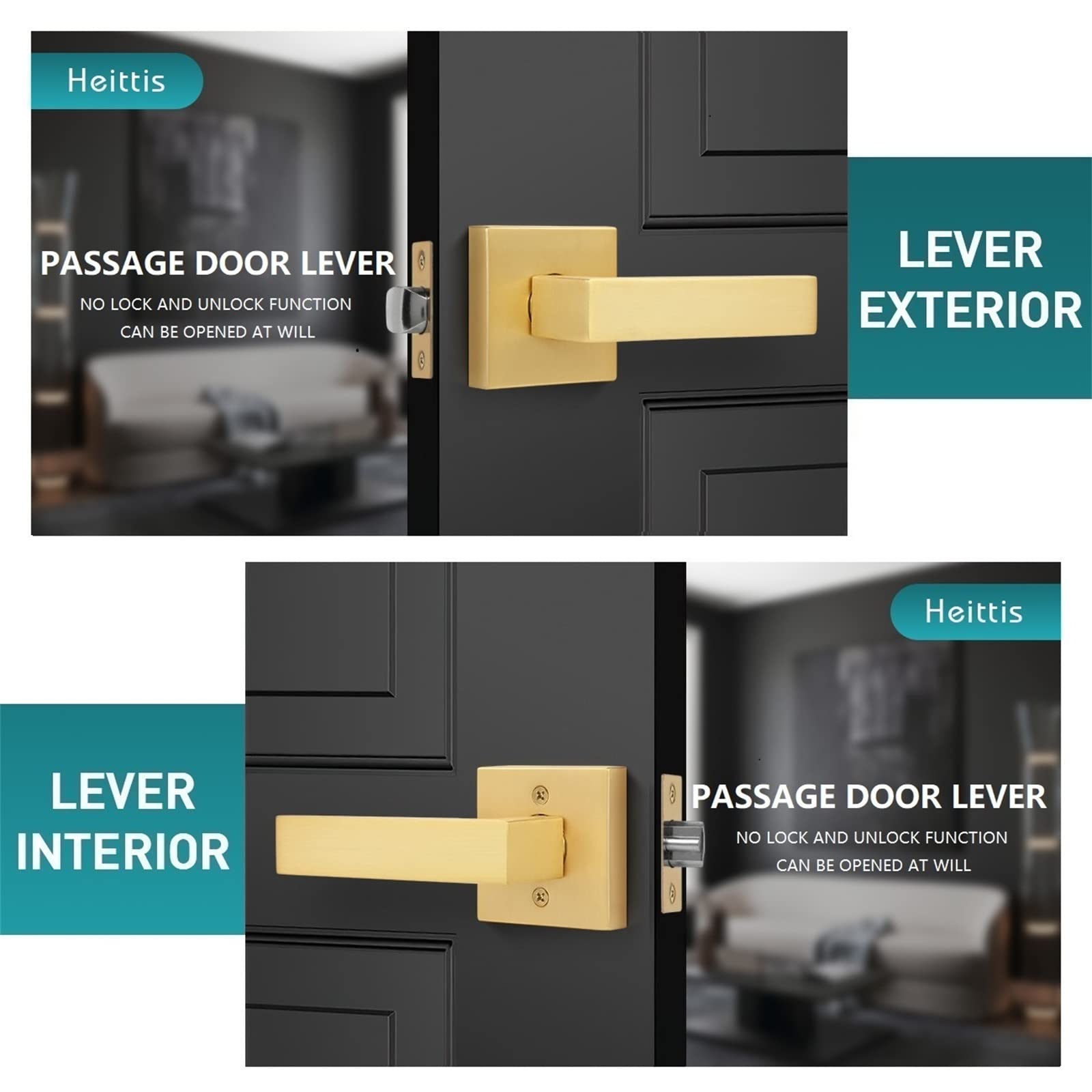 6 Pack Square Gold Passage Door Levers - Stain Brass Contemporary Modern Design for Hall, Closet & Interior Doors | Durable & Stylish Door Handles for Home, Office & Commercial Spaces