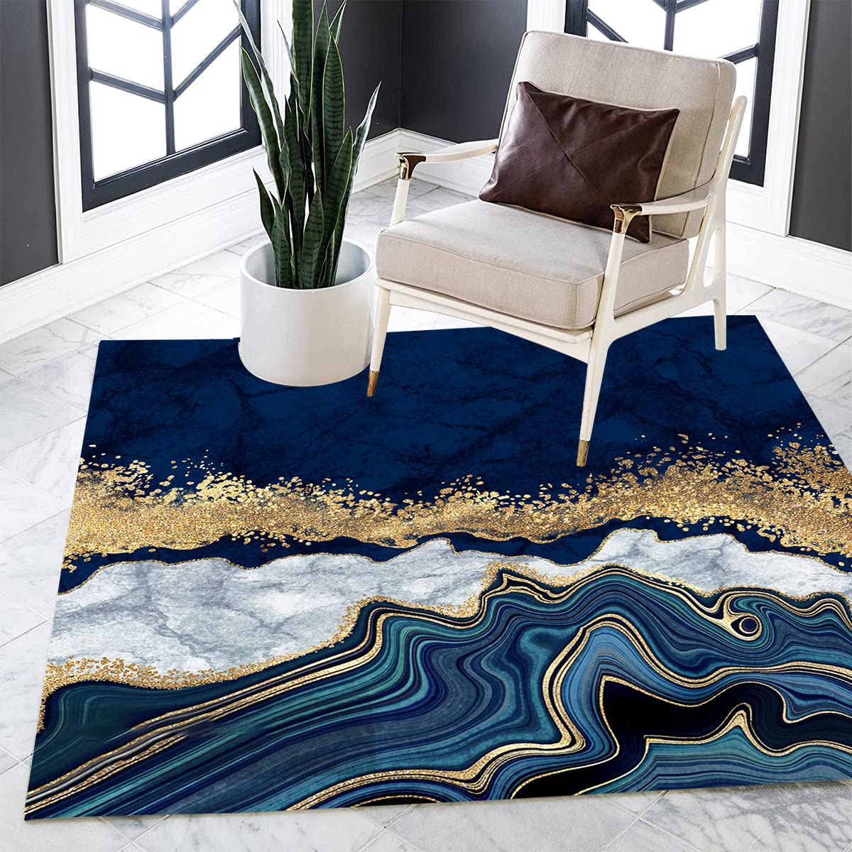 Navy Blue & Gold Square Area Rug 6x6 Feet - Modern Abstract Marble Pattern Washable Soft Carpet for Living Room, Bedroom, Dining Room | Under Coffee Table, Home Office Floor Cover | Retro Aesthetic Decor